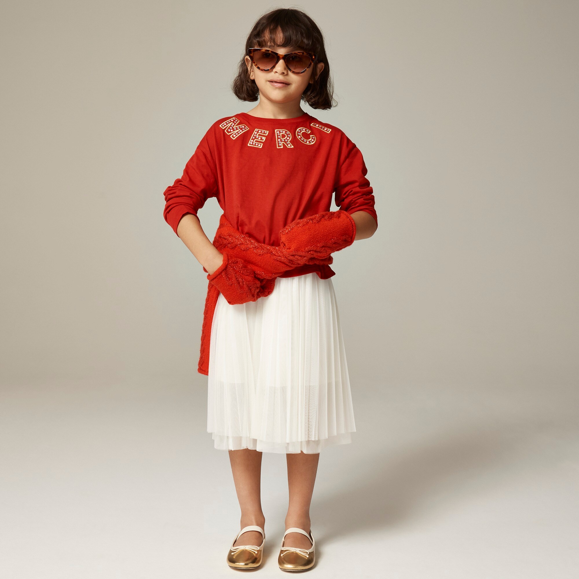  Girls' long-sleeve embellished "Merci" graphic T-shirt