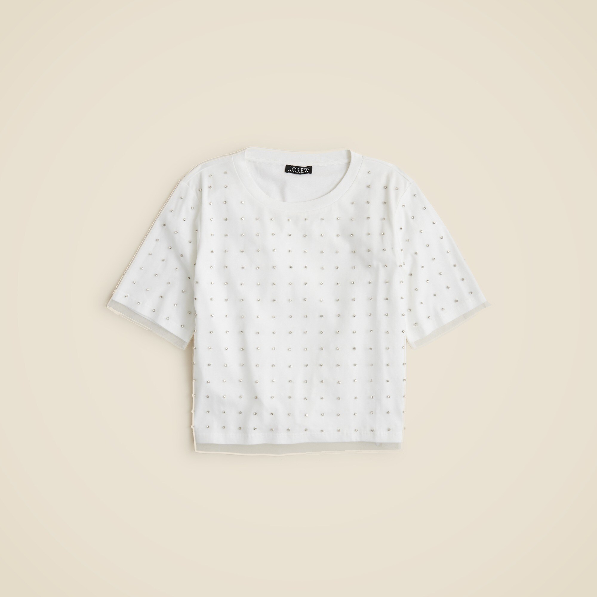 Broken-in jersey T-shirt with tulle and rhinestones