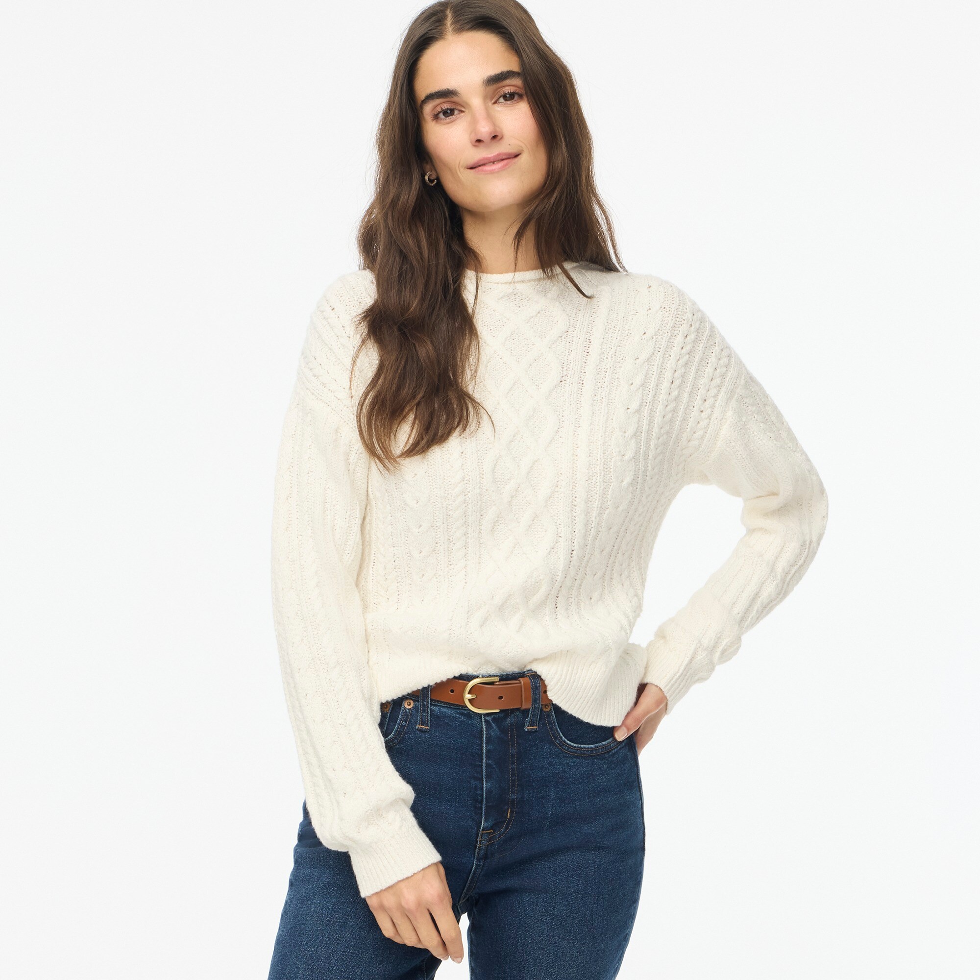 factory: mockneck cable-knit sweater for women