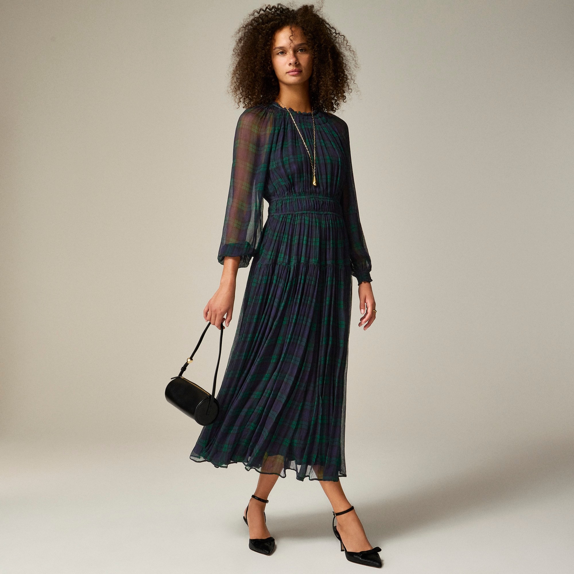 j.crew: crinkle chiffon sheer long-sleeve dress in black watch tartan for women