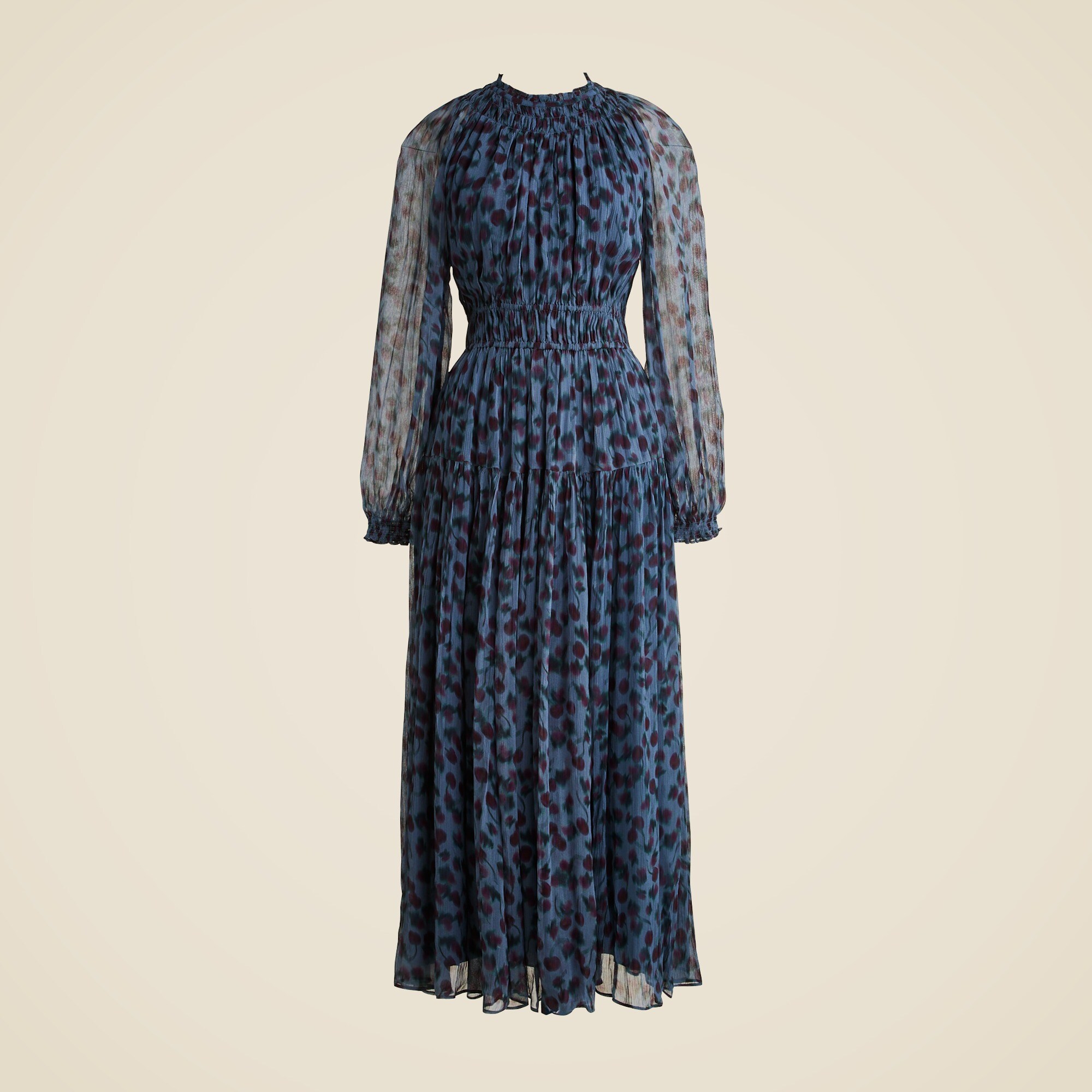 Crinkle Chiffon Sheer Long-sleeve Dress In Cherry Print For Women | J.Crew