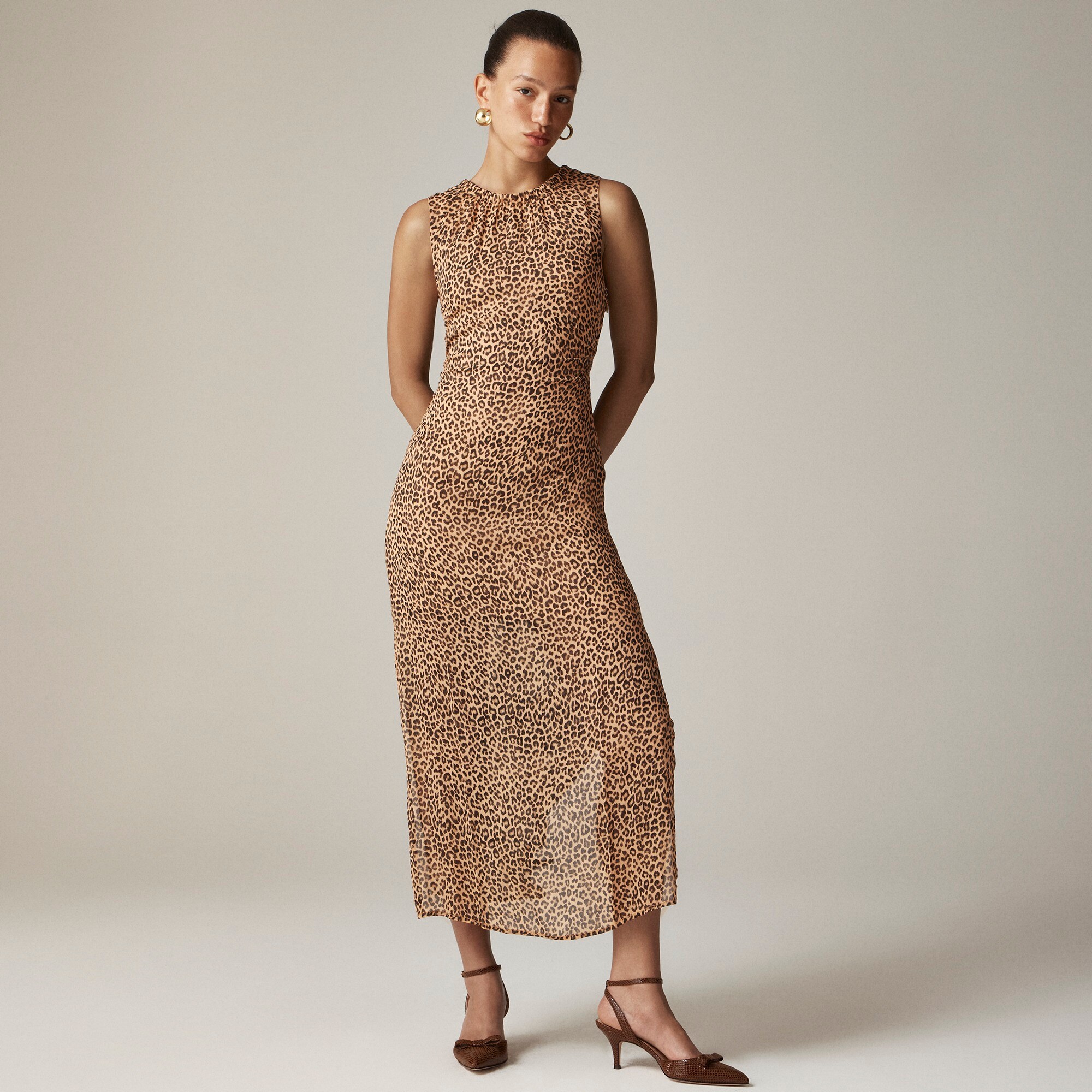 Gathered sheath dress in leopard chiffon