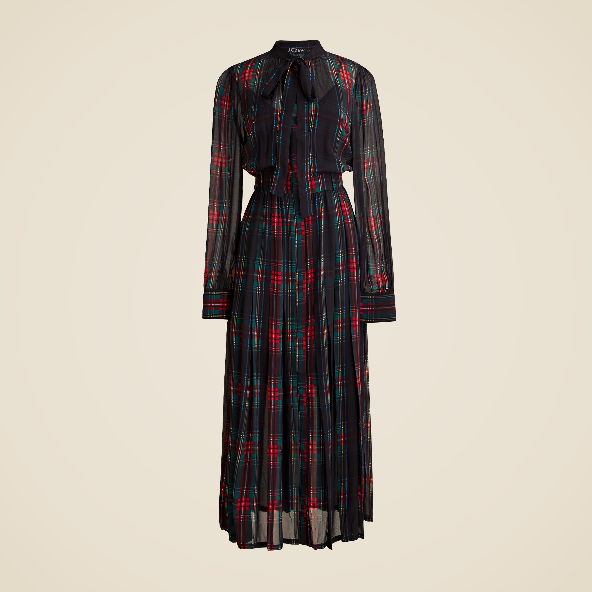 Tie-neck dress in Stewart tartan viscose chiffon