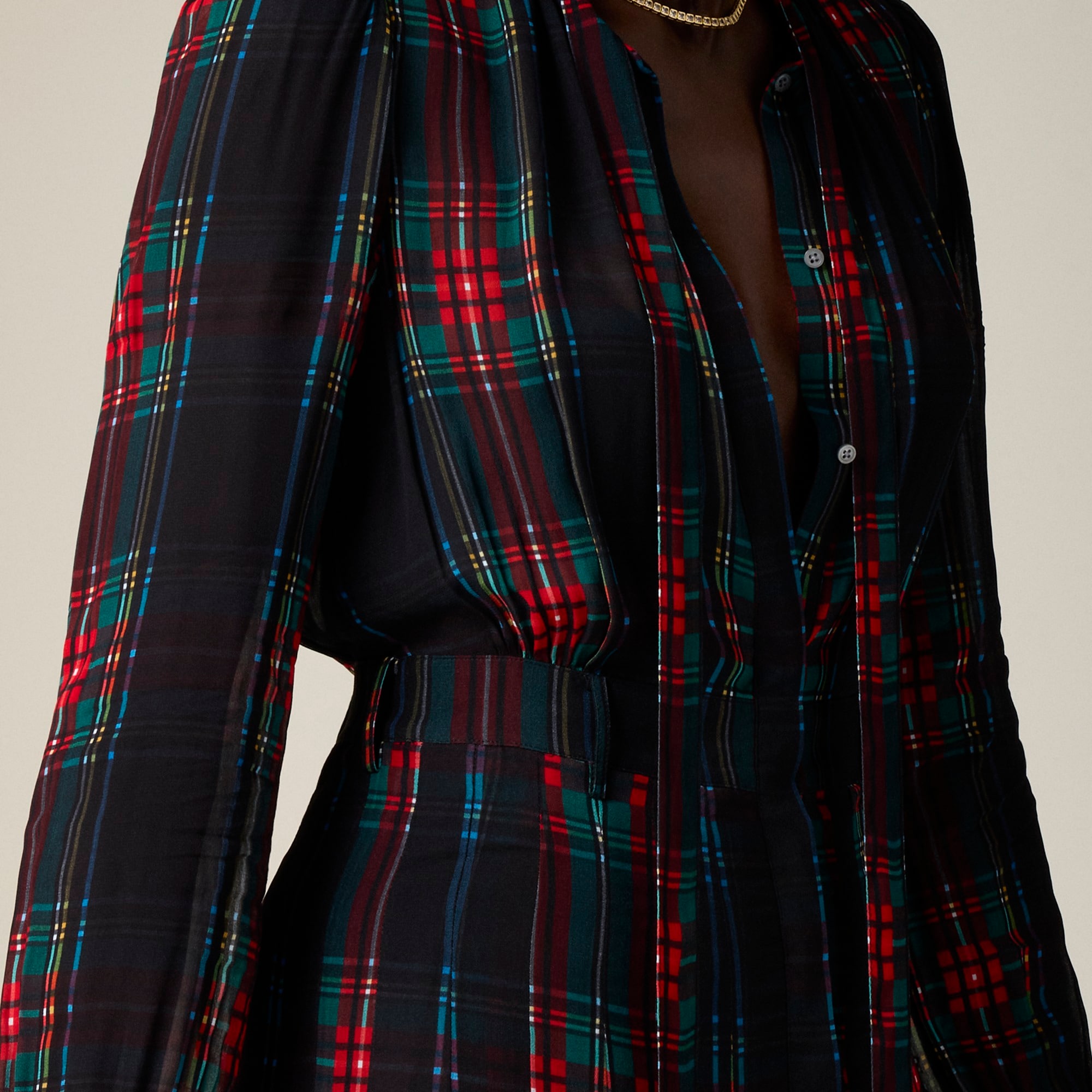 Tie-neck dress in Stewart tartan viscose chiffon