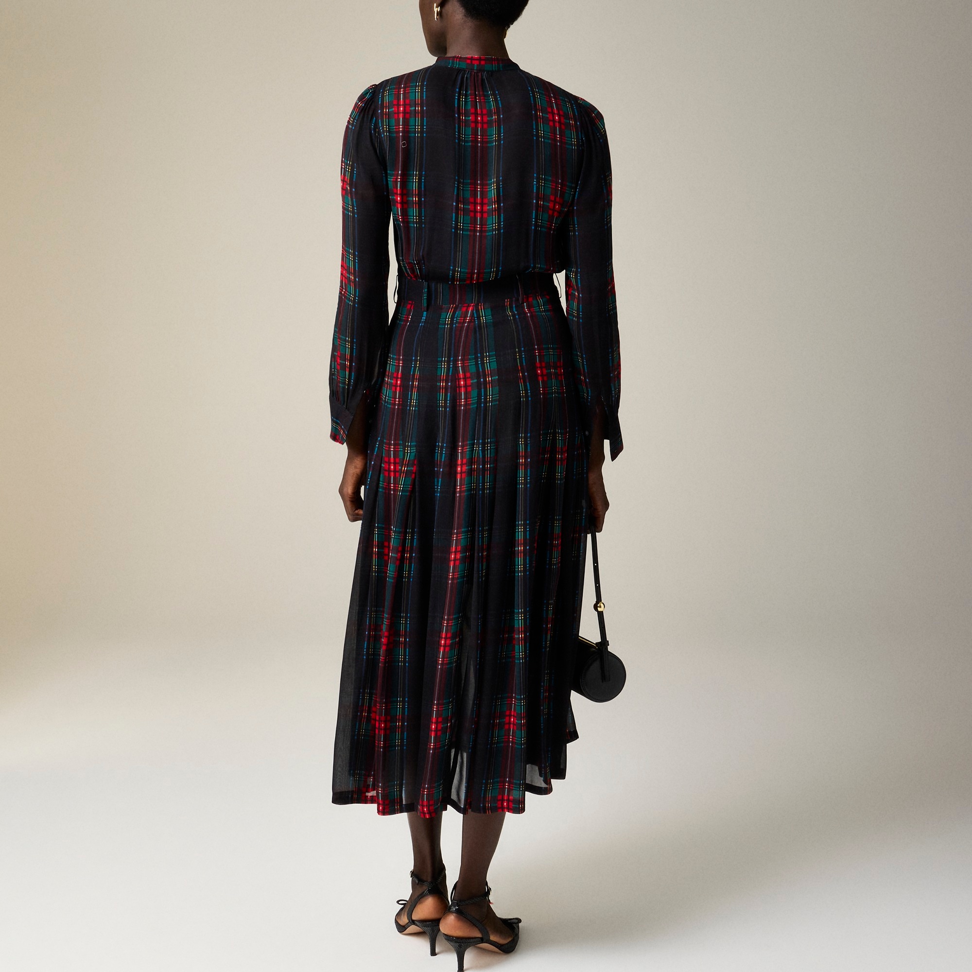 Tie-neck dress in Stewart tartan viscose chiffon