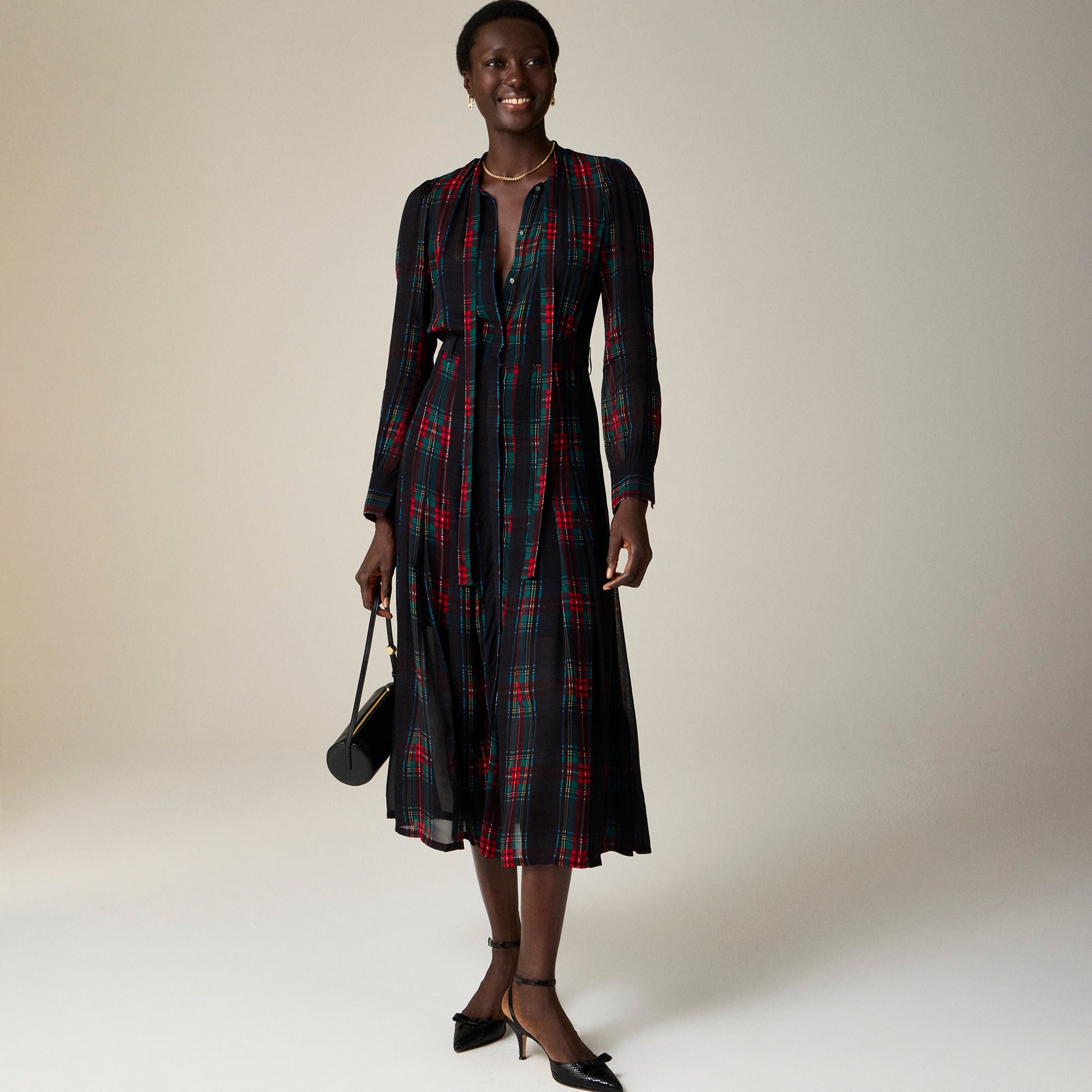 Tie-neck dress in Stewart tartan viscose chiffon