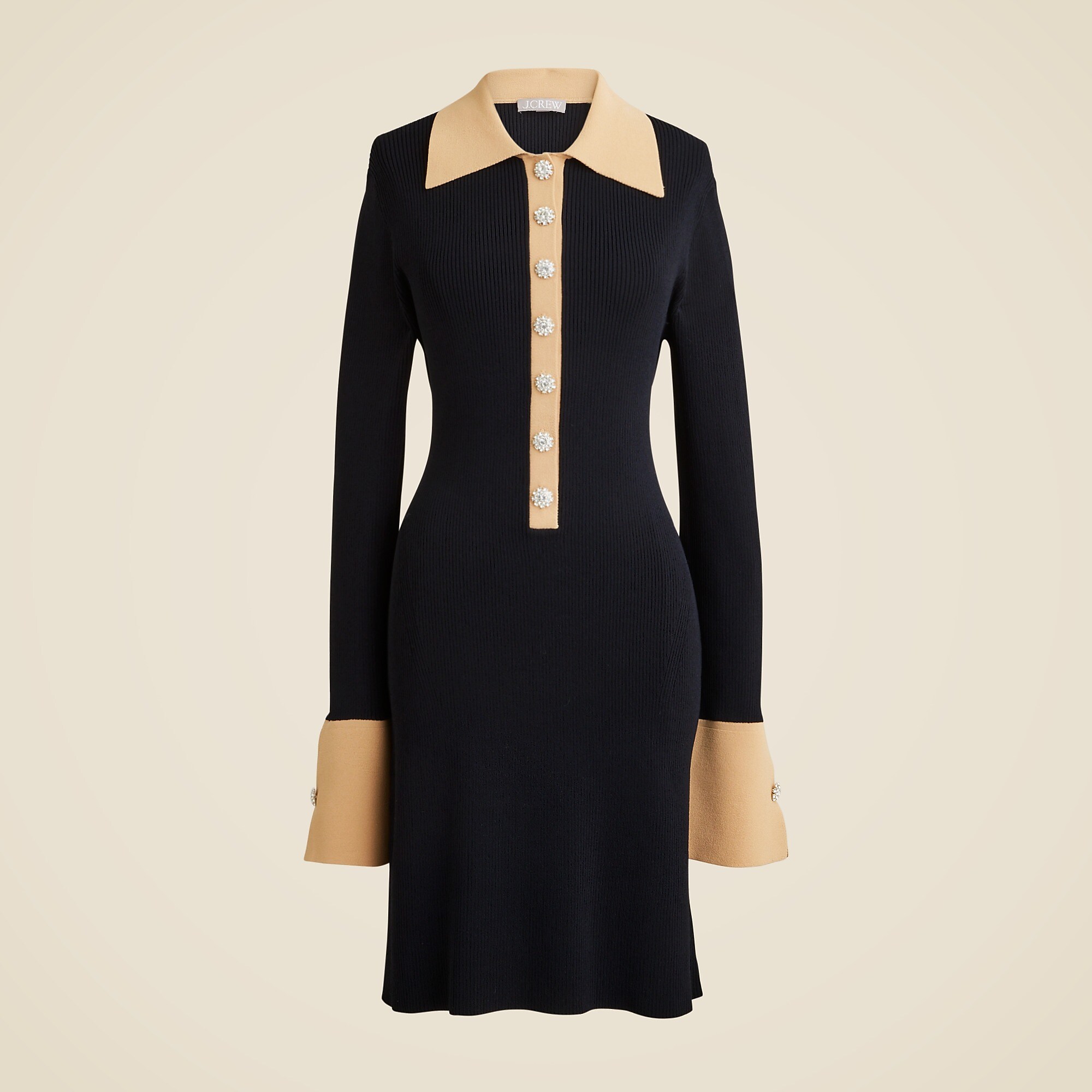 Ribbed polo sweater-dress with jewel buttons