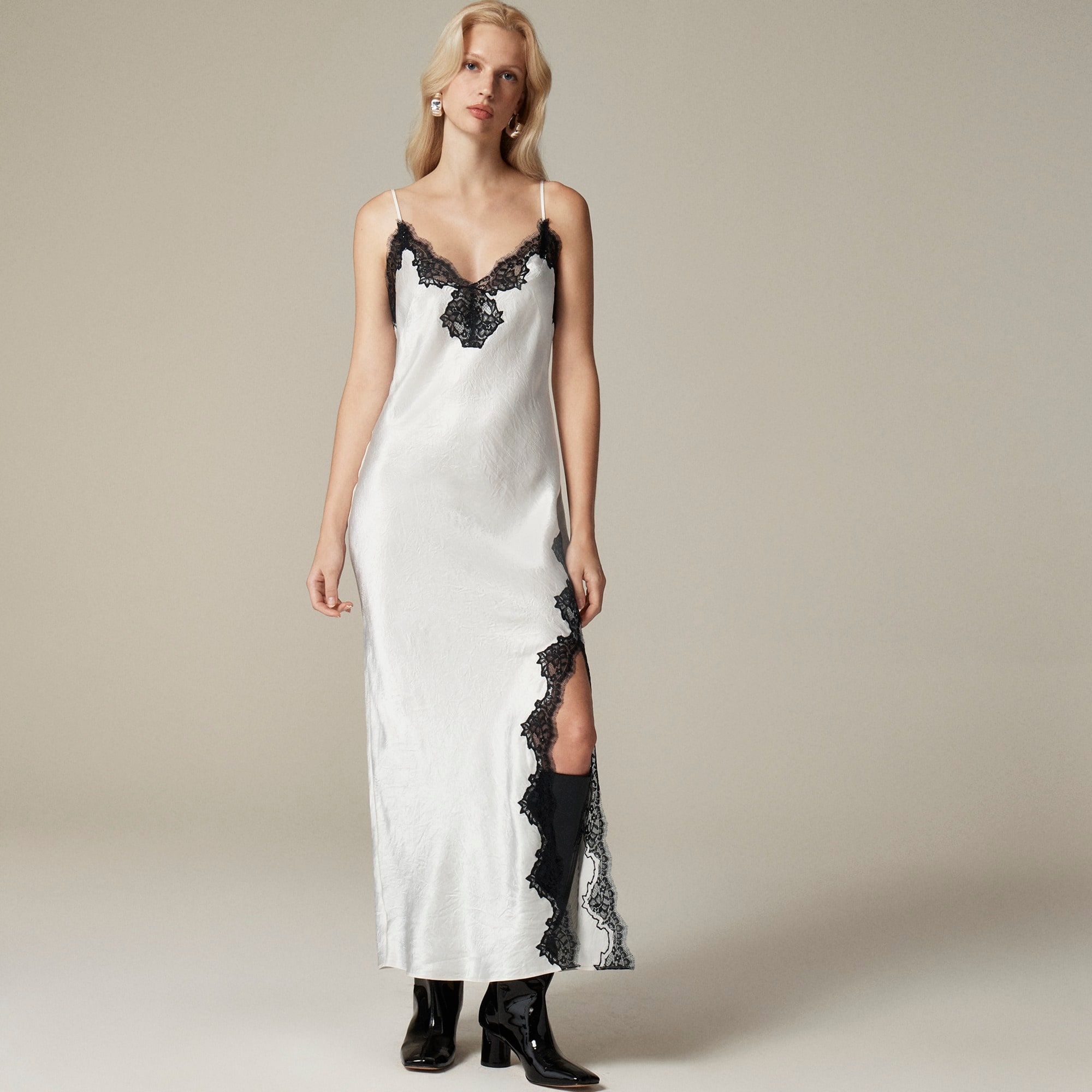 Lace-trim slip dress in textured satin