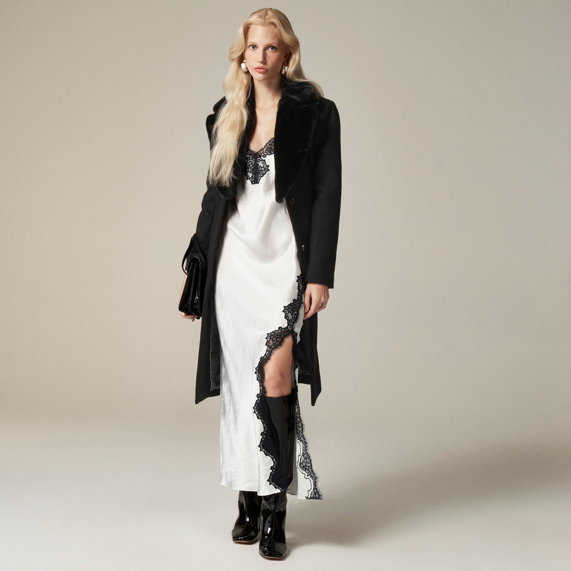 Lace-trim slip dress in textured satin