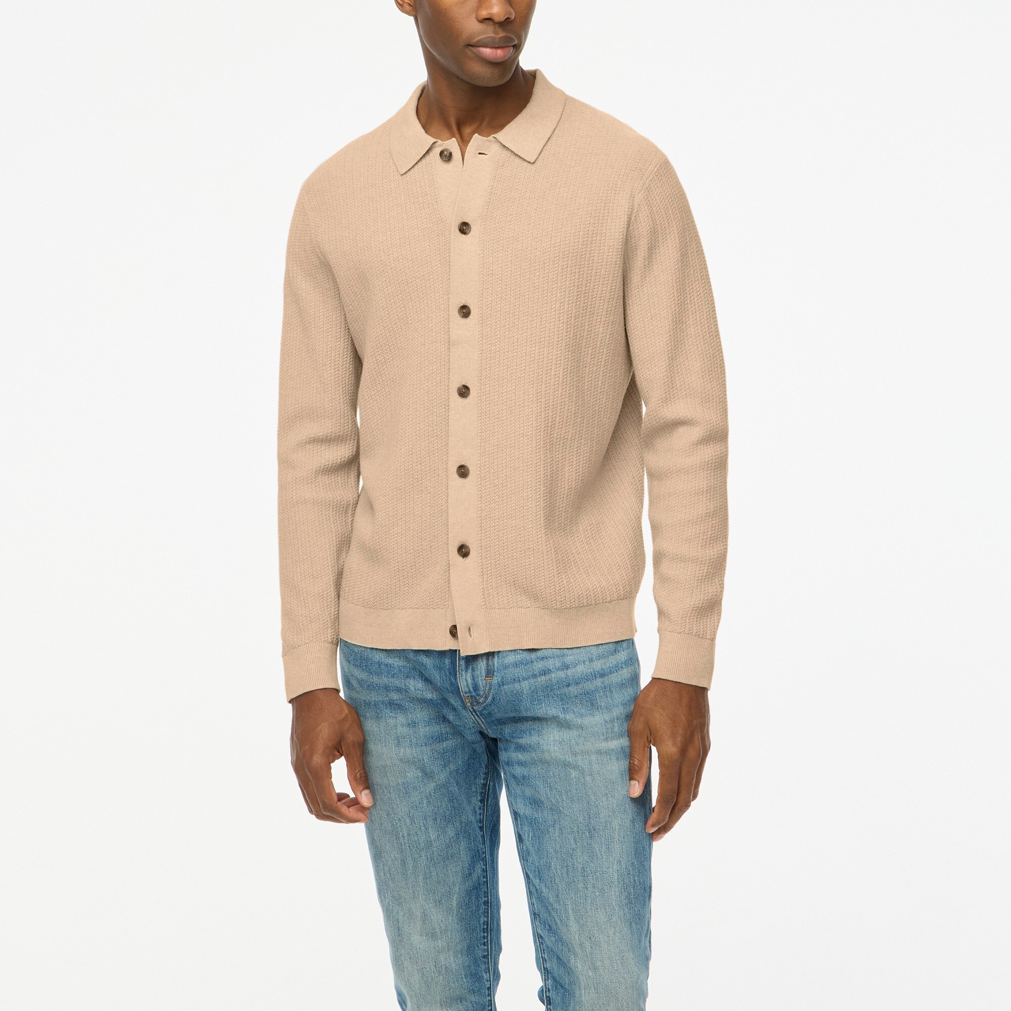 Textured cotton polo cardigan sweater