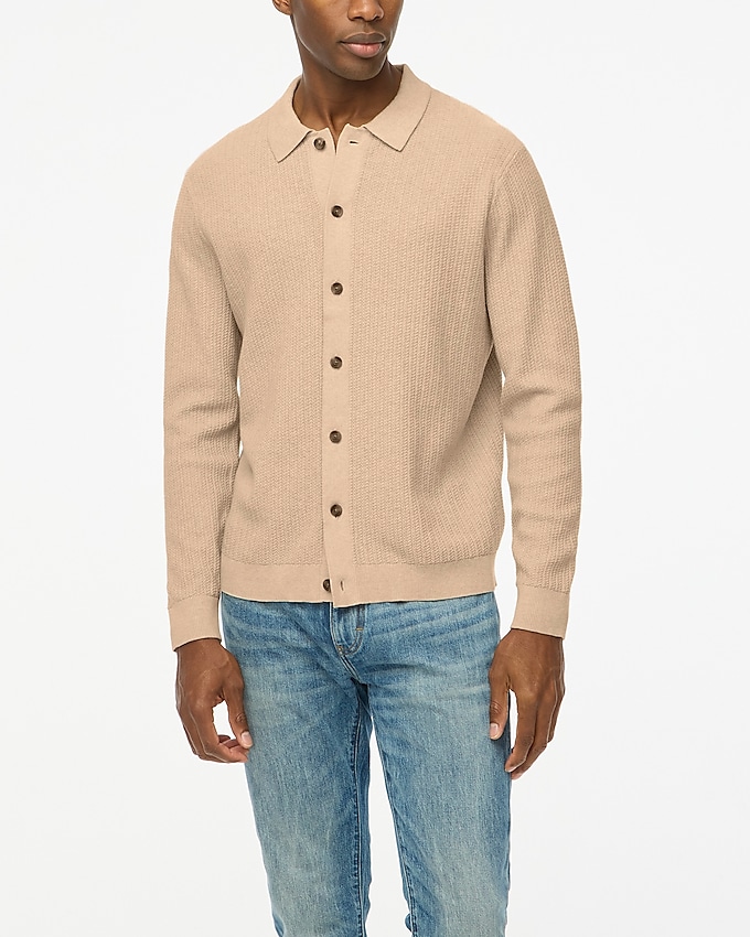 Factory: Textured Cotton Polo Cardigan Sweater For Men Factory: Textured Cotton Polo Cardigan Sweater For Men
