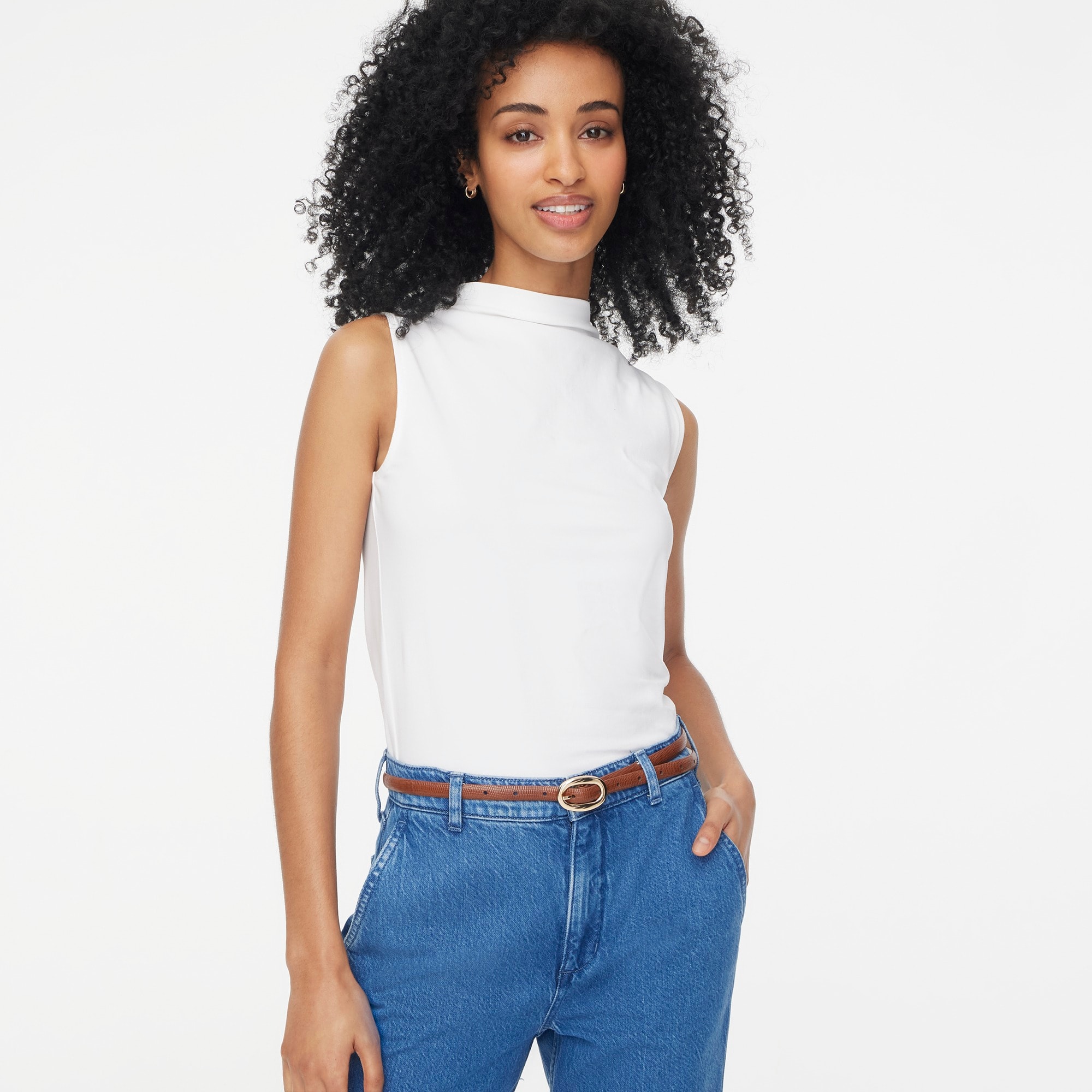Stretch cotton-blend mockneck tank top