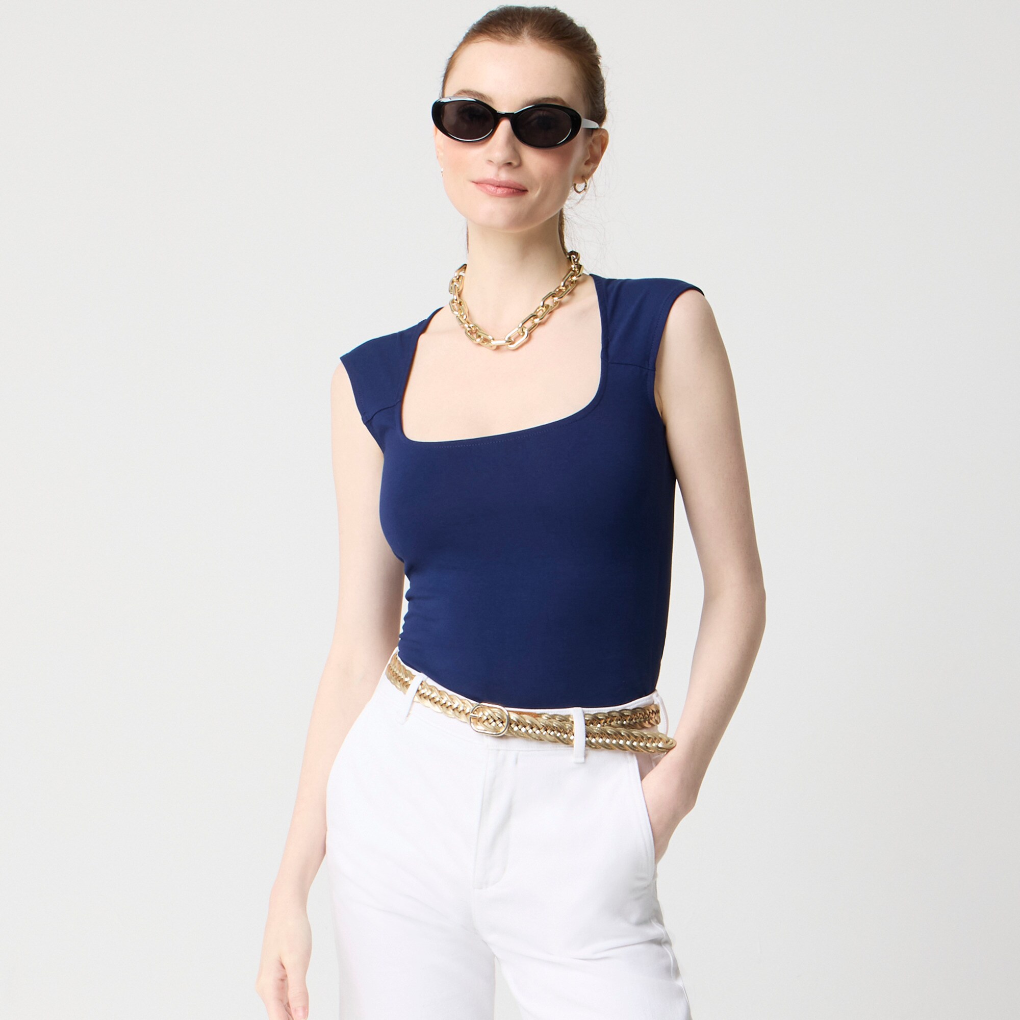  Cap-sleeve stretch cotton-blend squareneck tank top