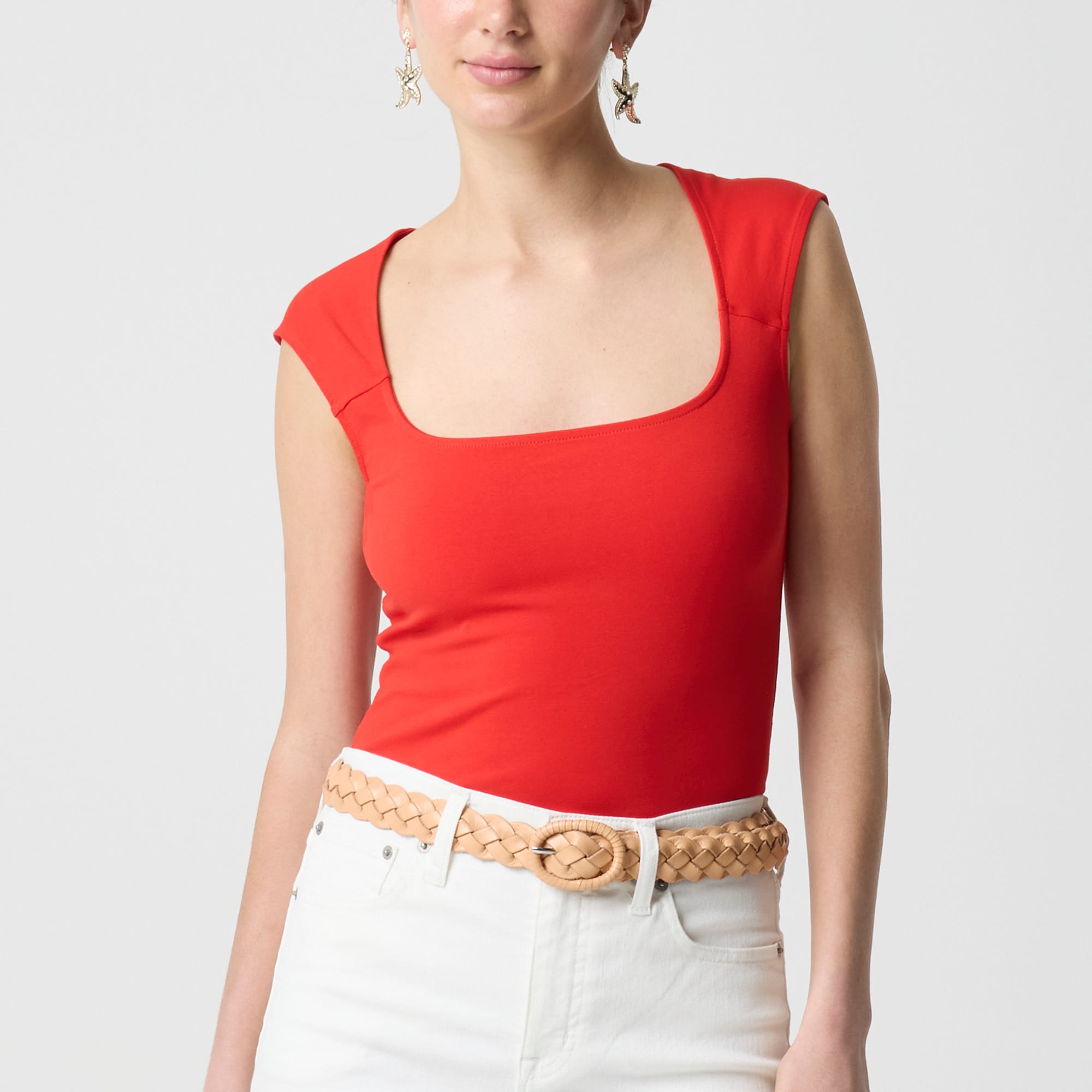womens Cap-sleeve stretch cotton-blend squareneck tank top