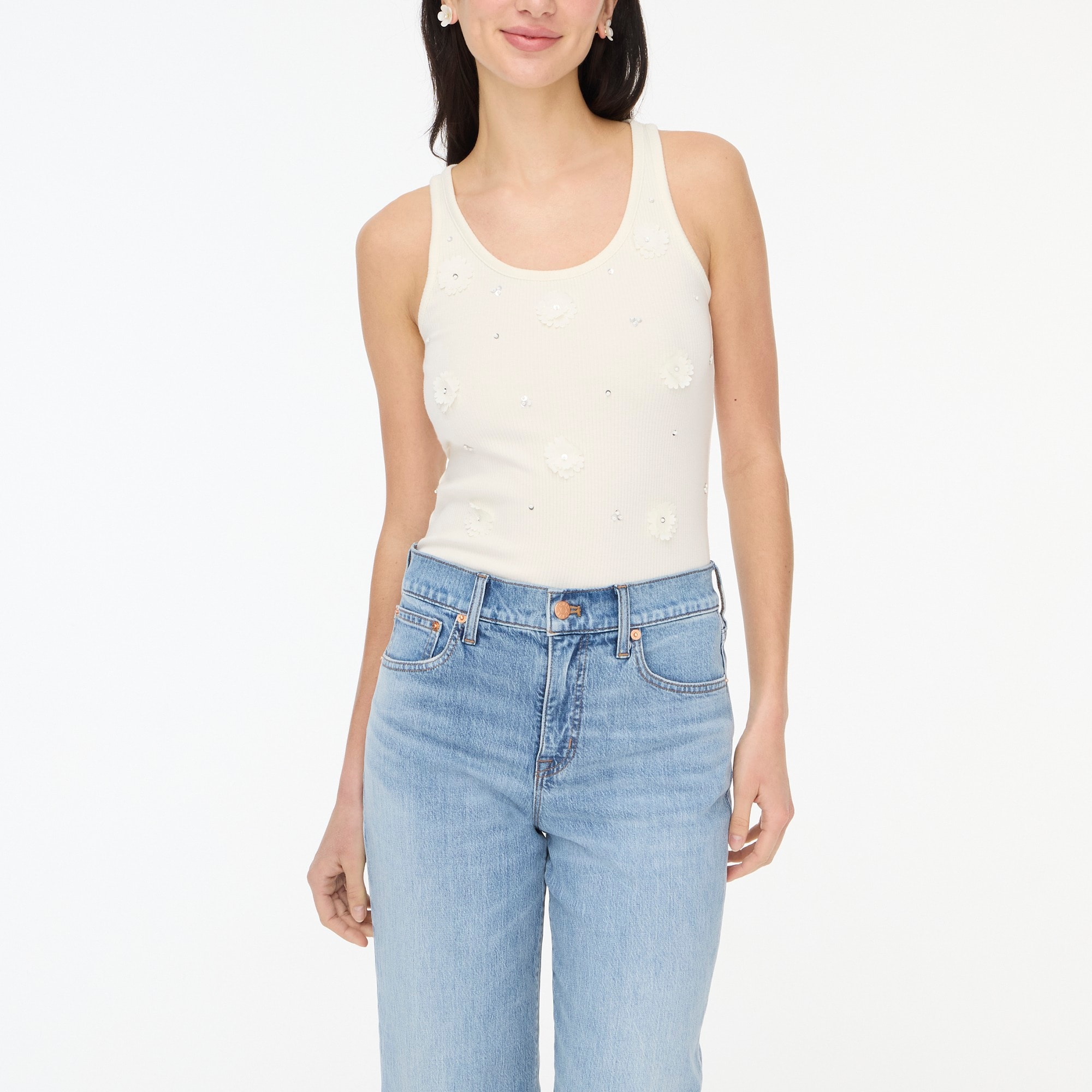 Ribbed flower-embellished tank top