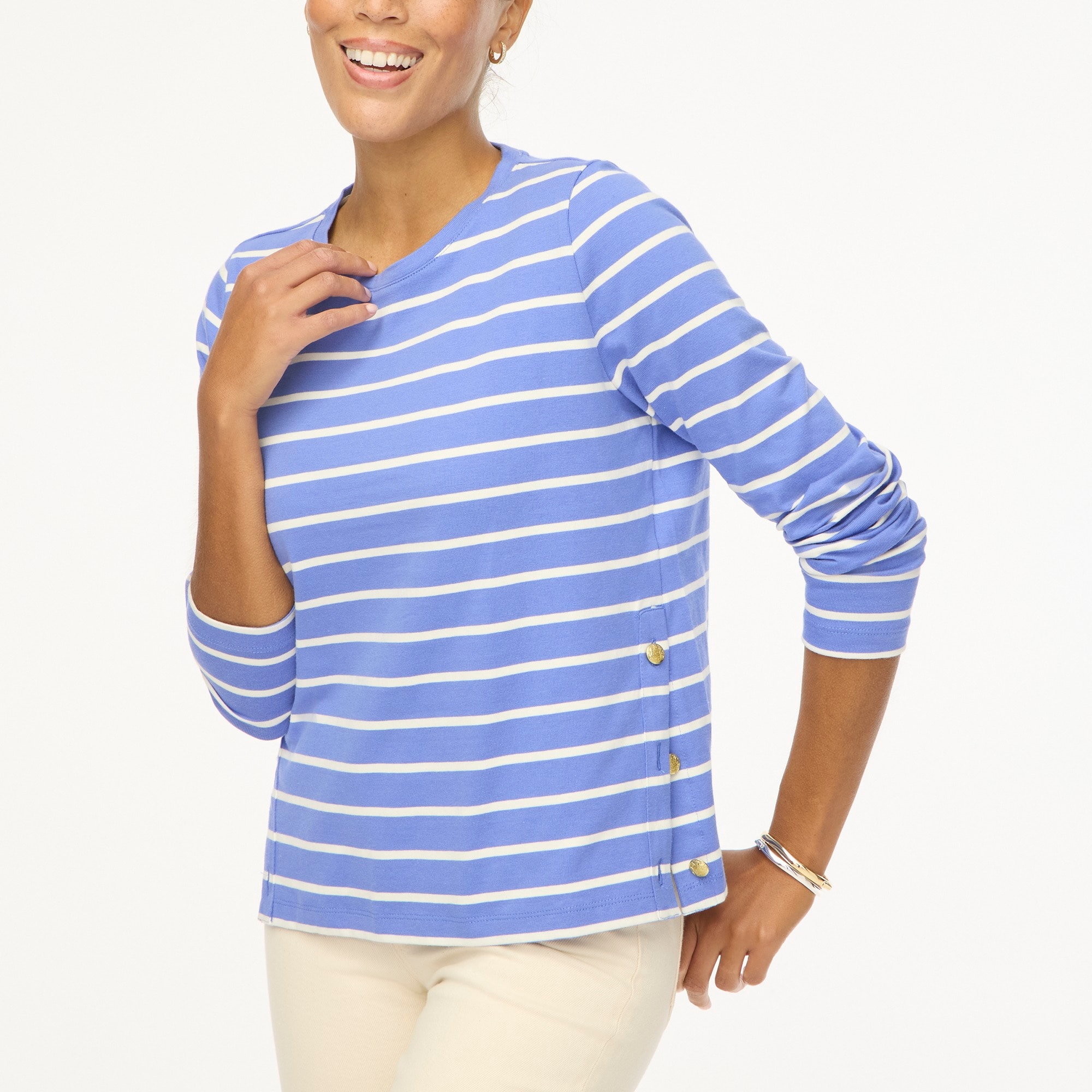 factory: striped long-sleeve side-button top for women