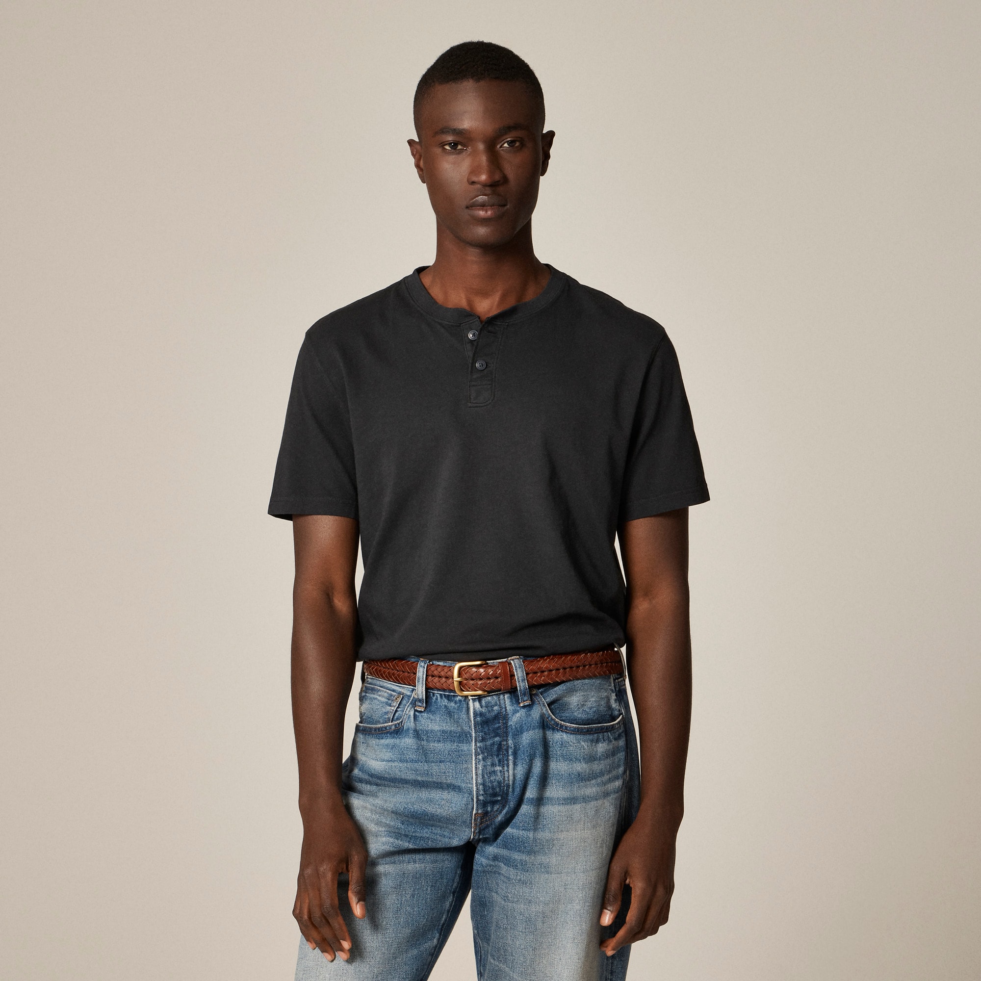 Short-sleeve vintage-wash cotton henley