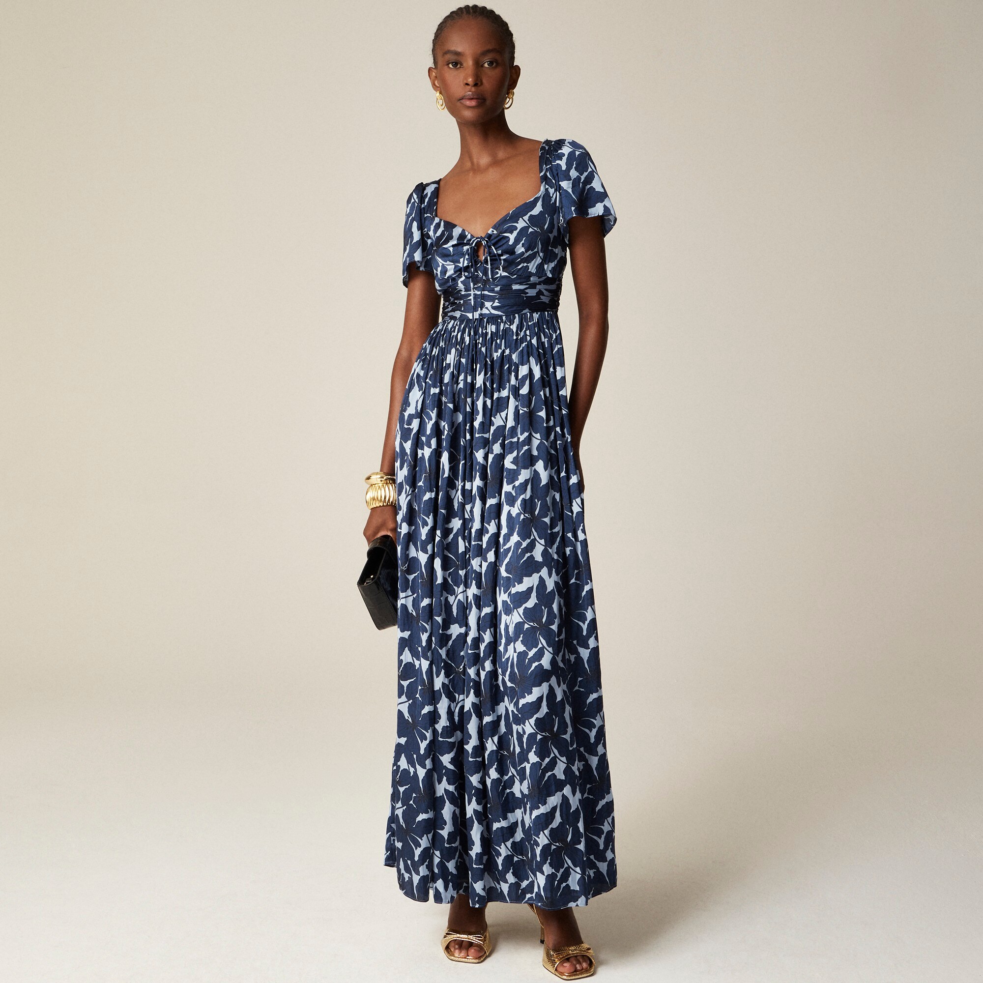 Tie-neck flutter-sleeve dress in printed luster crepe - image 3