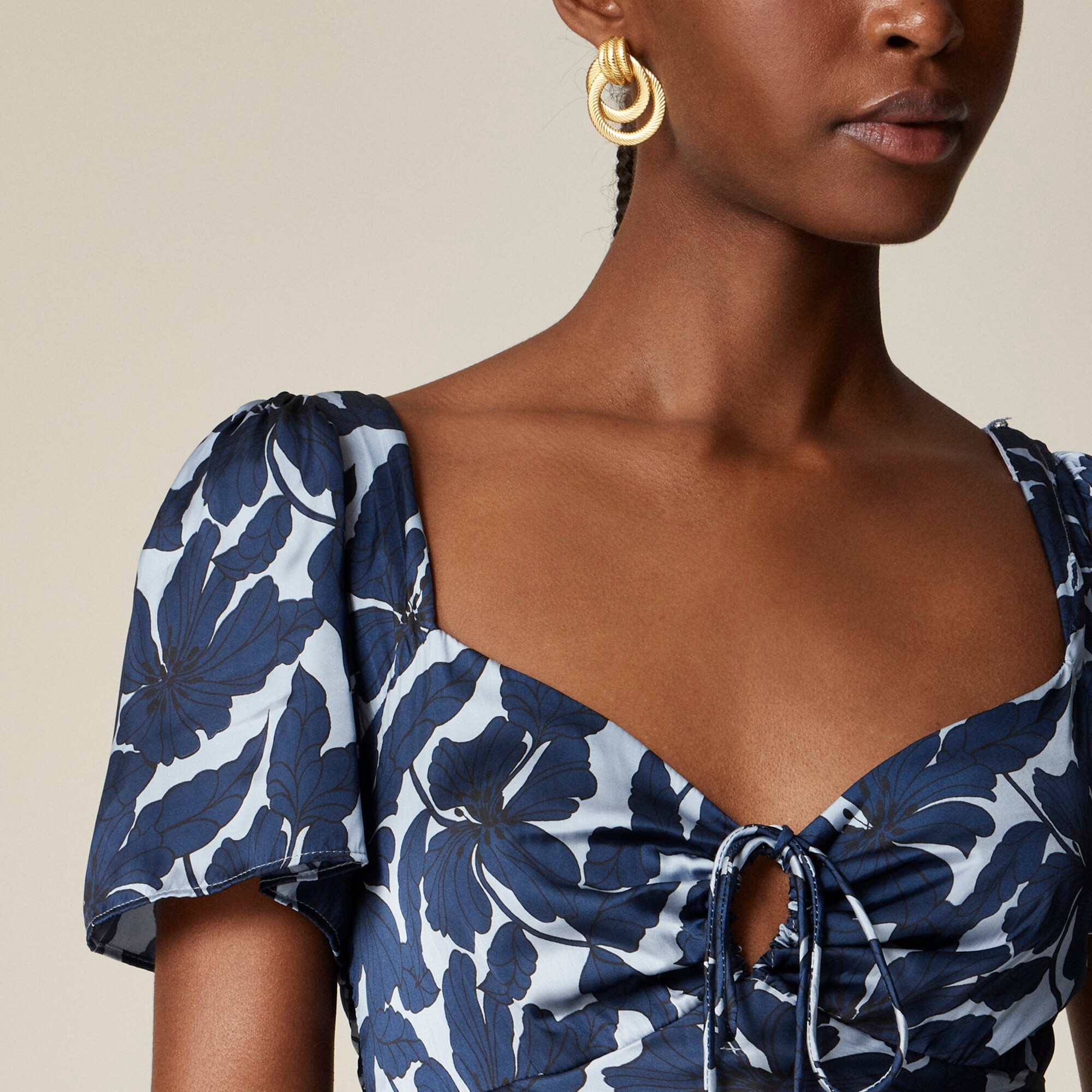 Tie-neck flutter-sleeve dress in printed luster crepe - image 4