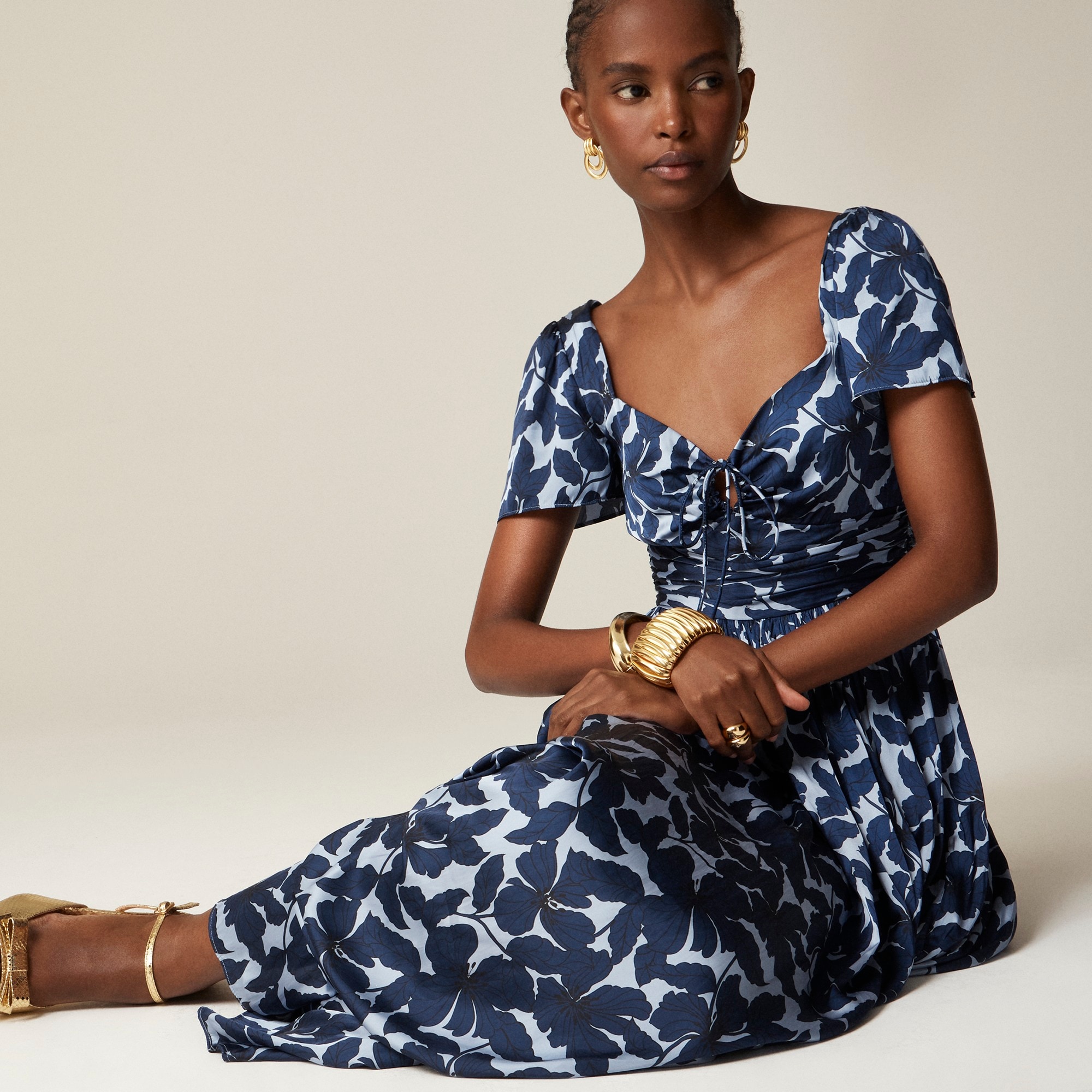 Tie-neck flutter-sleeve dress in printed luster crepe - image 2