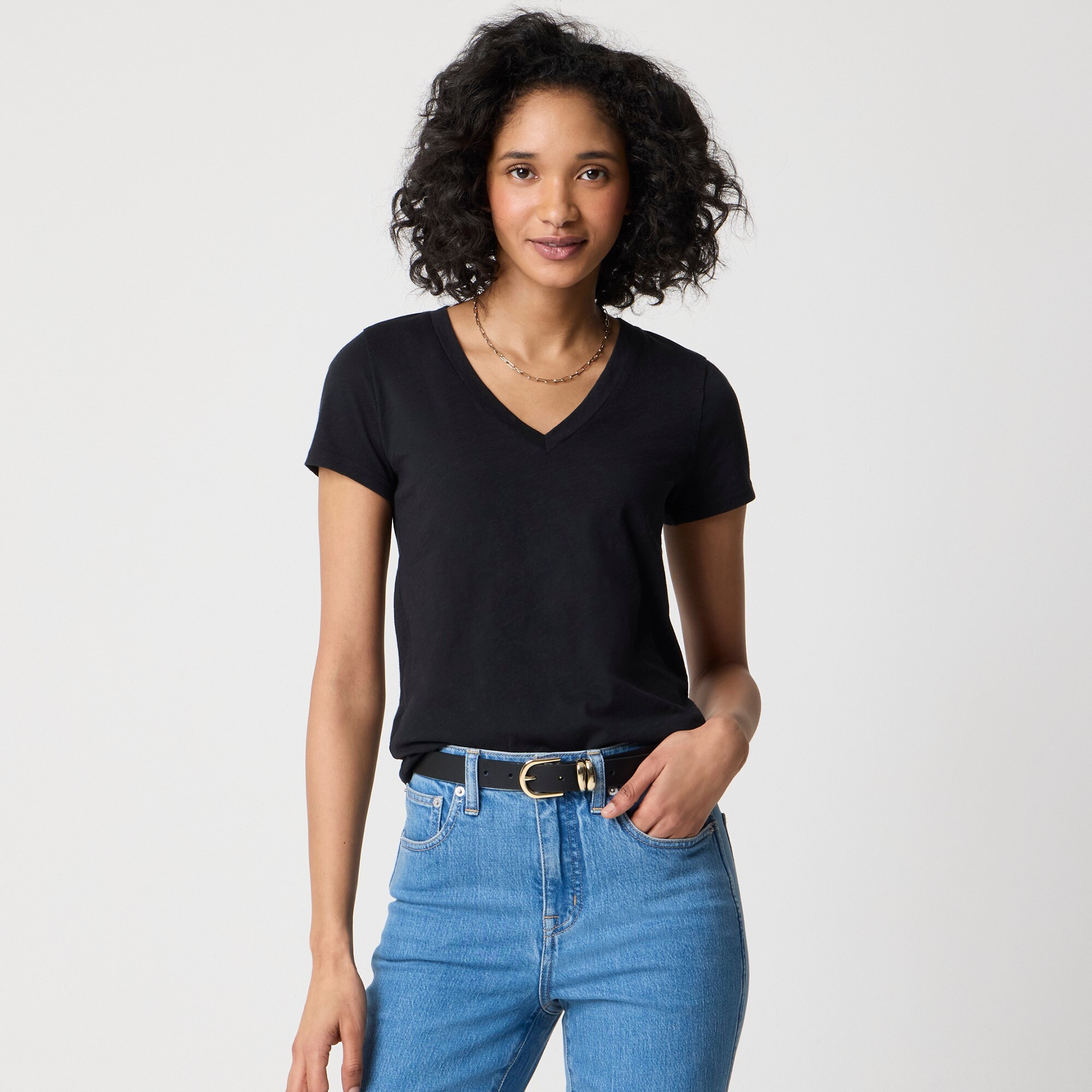 womens Short-sleeve vintage cotton V-neck tee