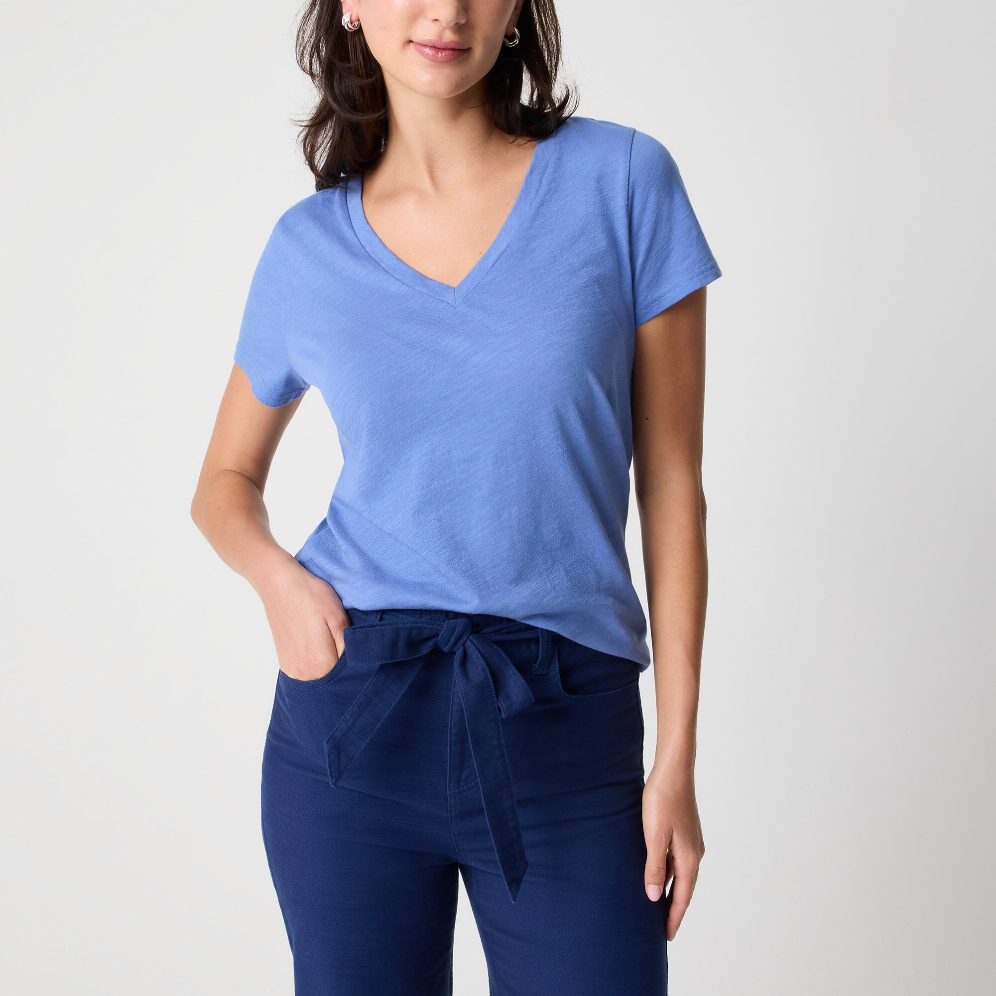 womens Short-sleeve vintage cotton V-neck tee