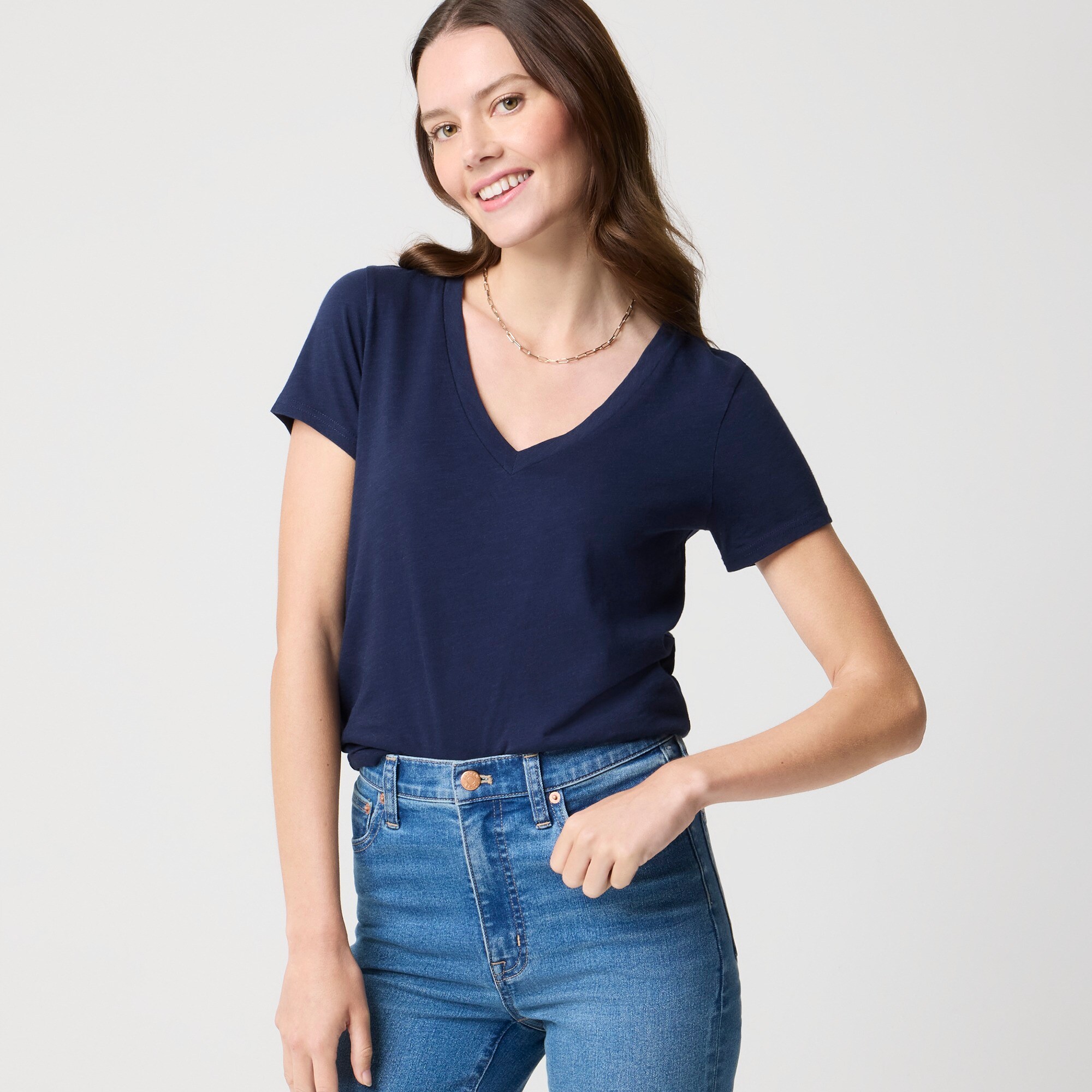 womens Short-sleeve vintage cotton V-neck tee