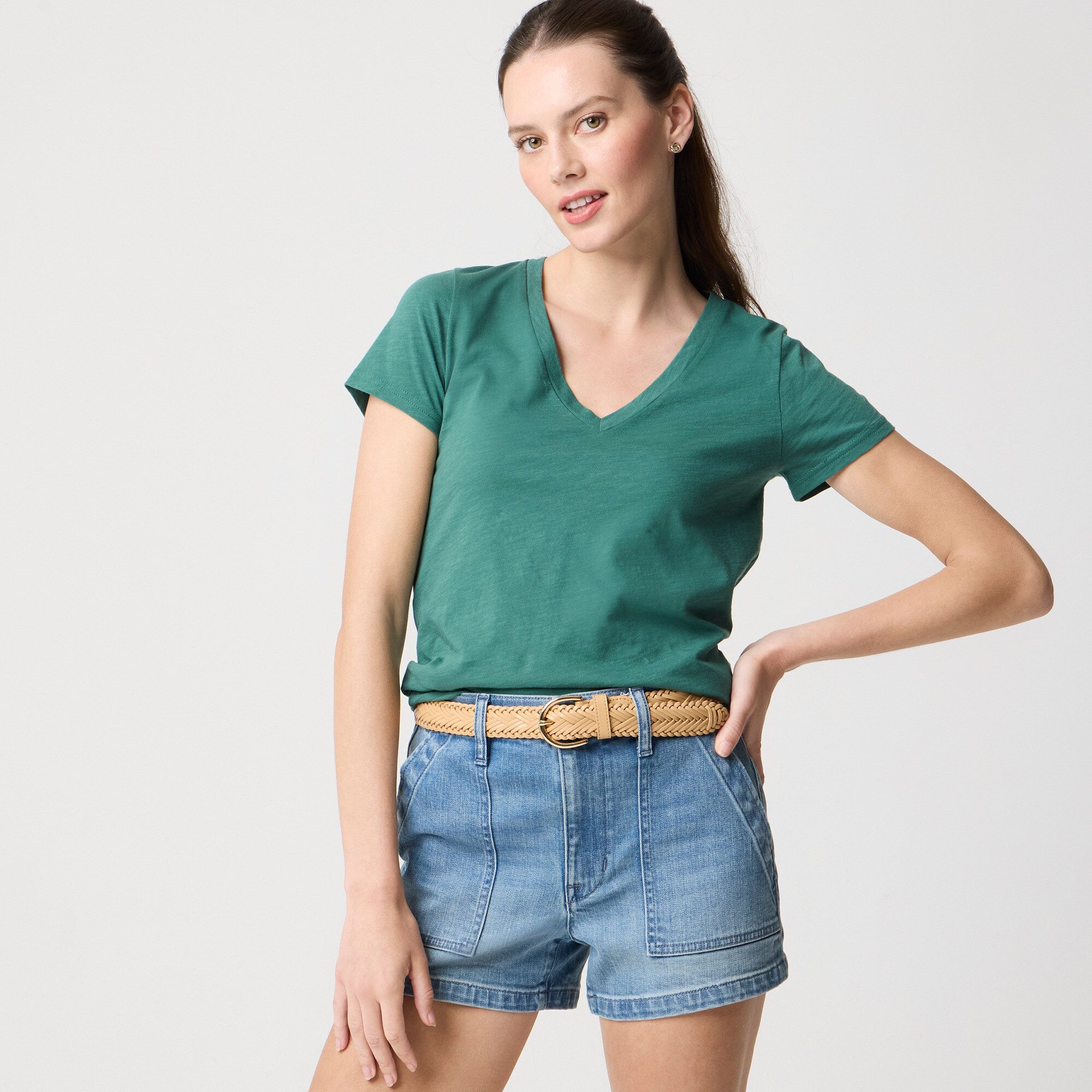 womens Short-sleeve vintage cotton V-neck tee