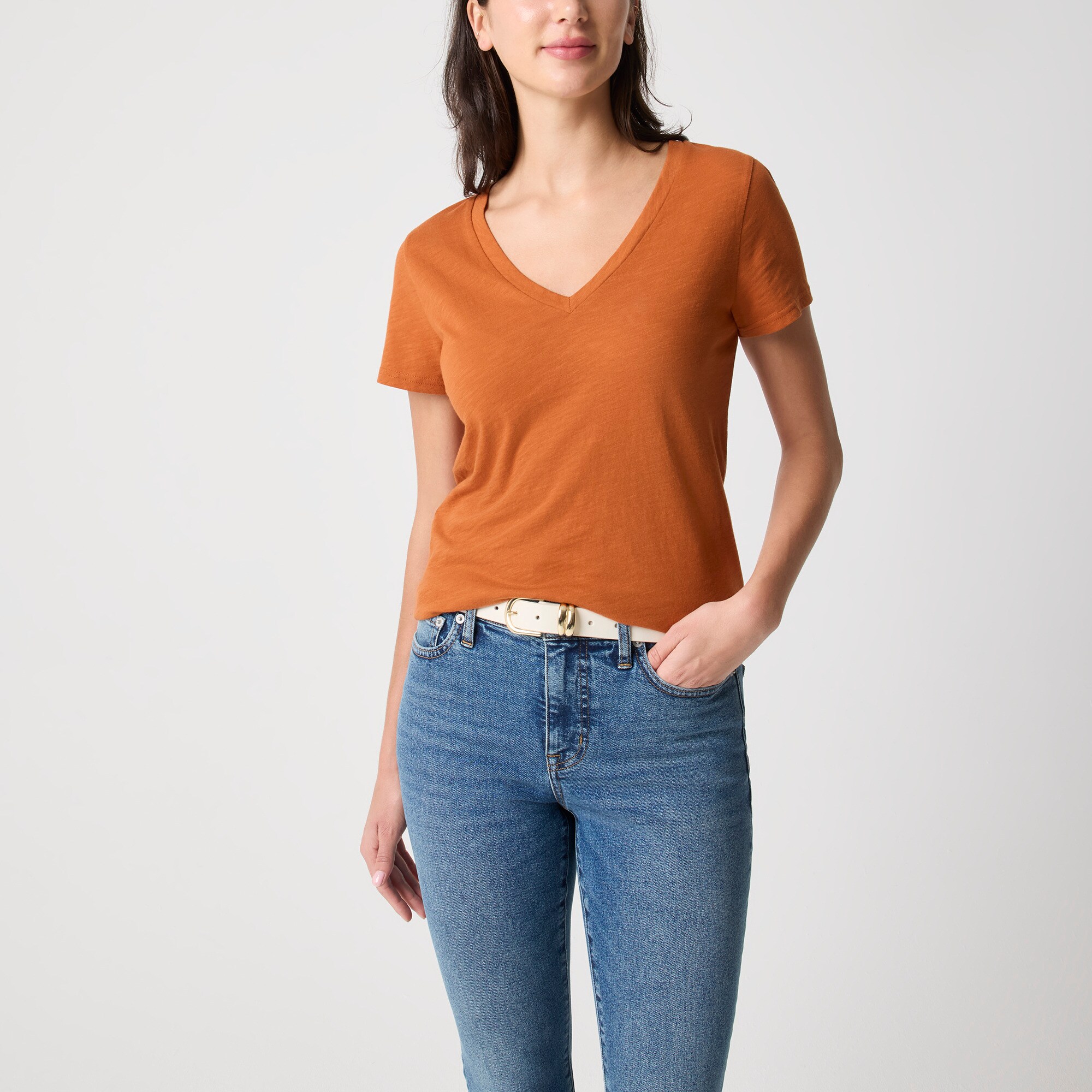 womens Short-sleeve vintage cotton V-neck tee