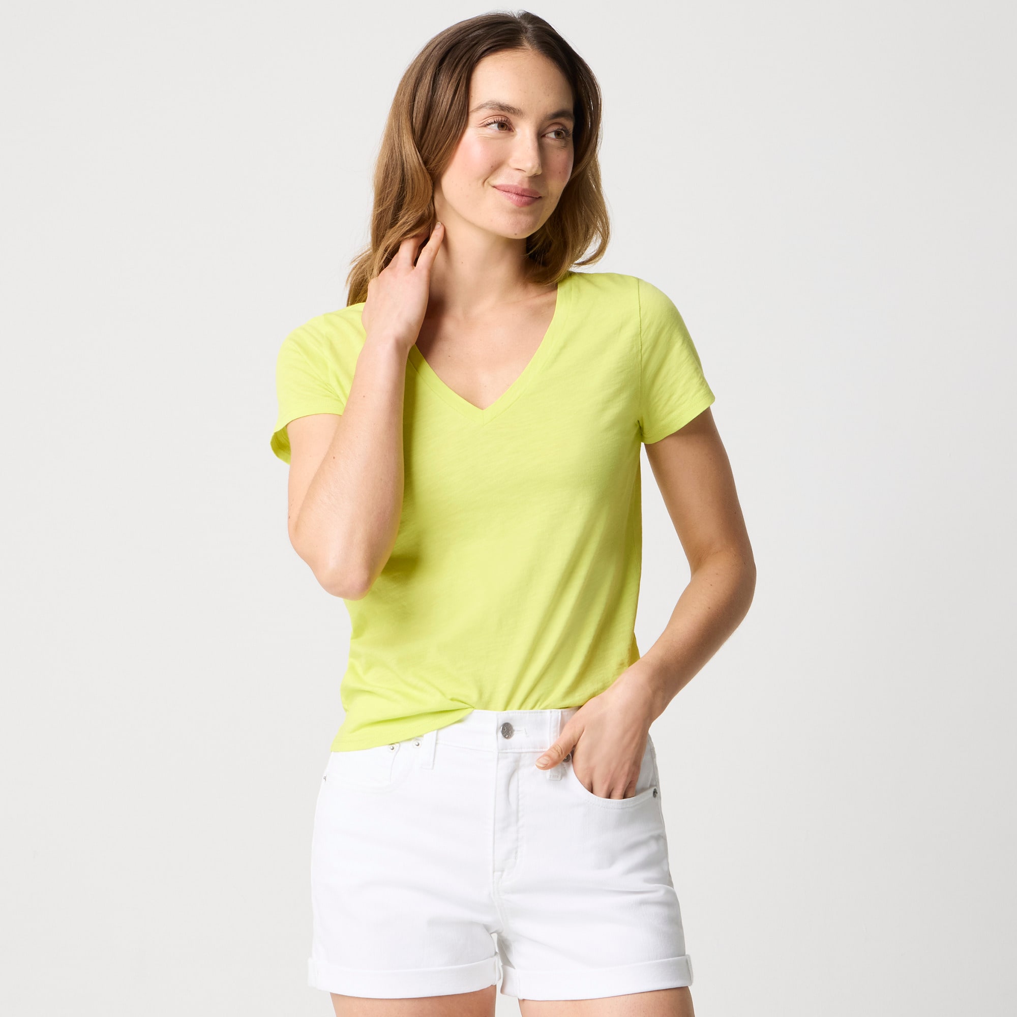 womens Short-sleeve vintage cotton V-neck tee