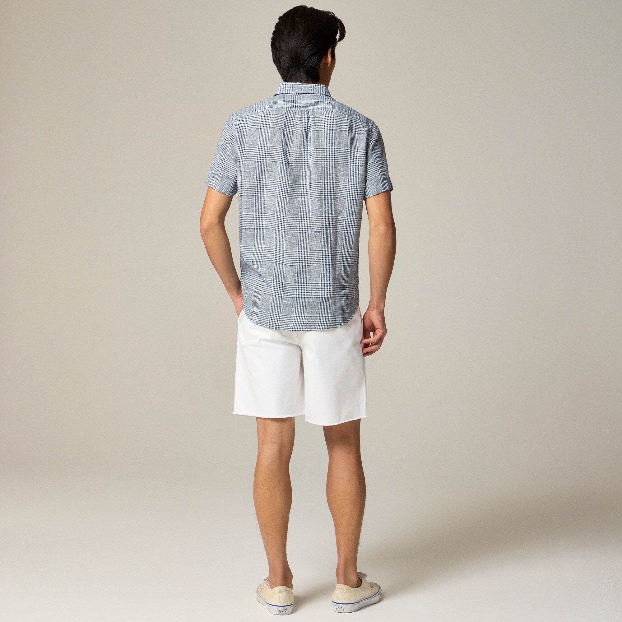 Short-sleeve linen point-collar shirt in print