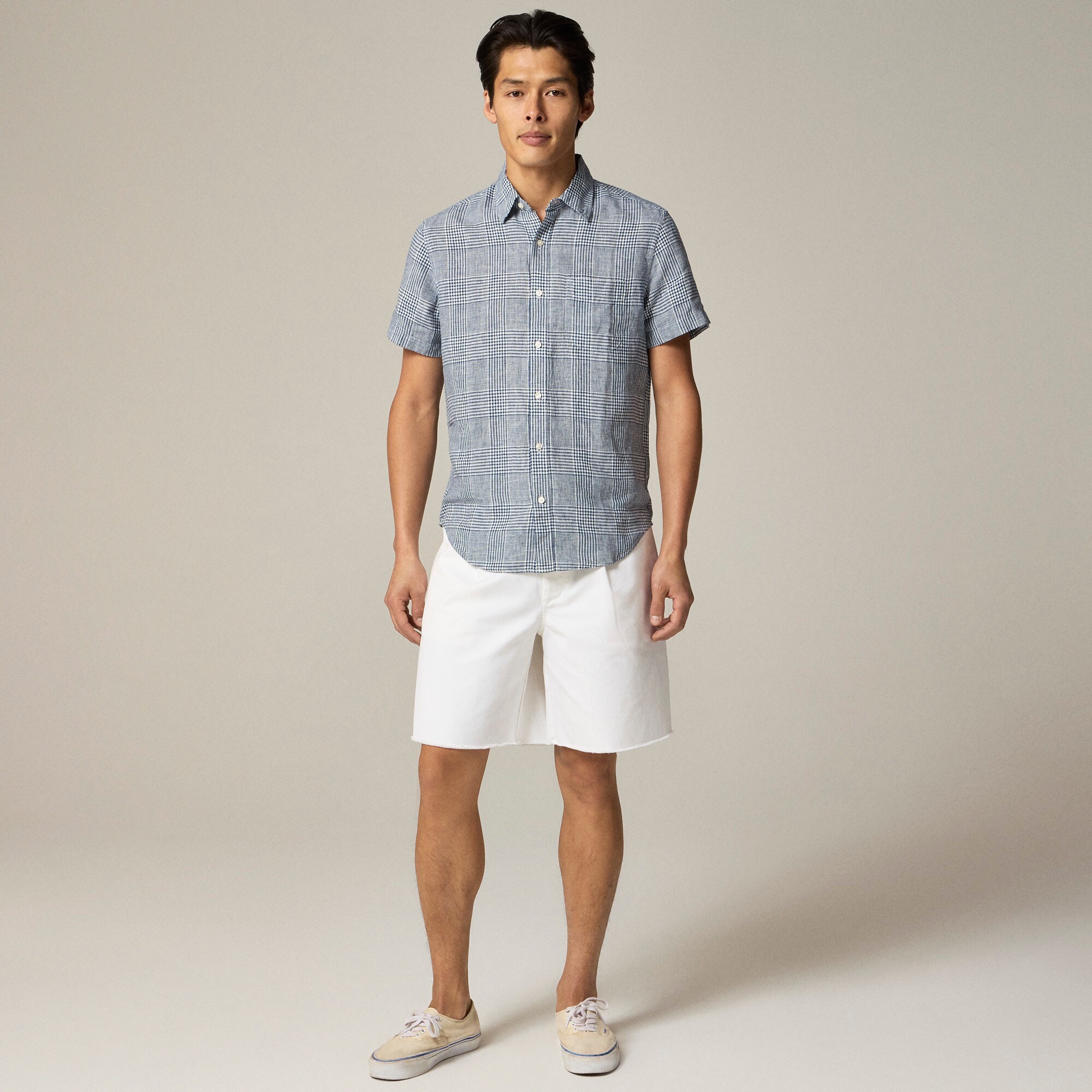 Short-sleeve linen point-collar shirt in print