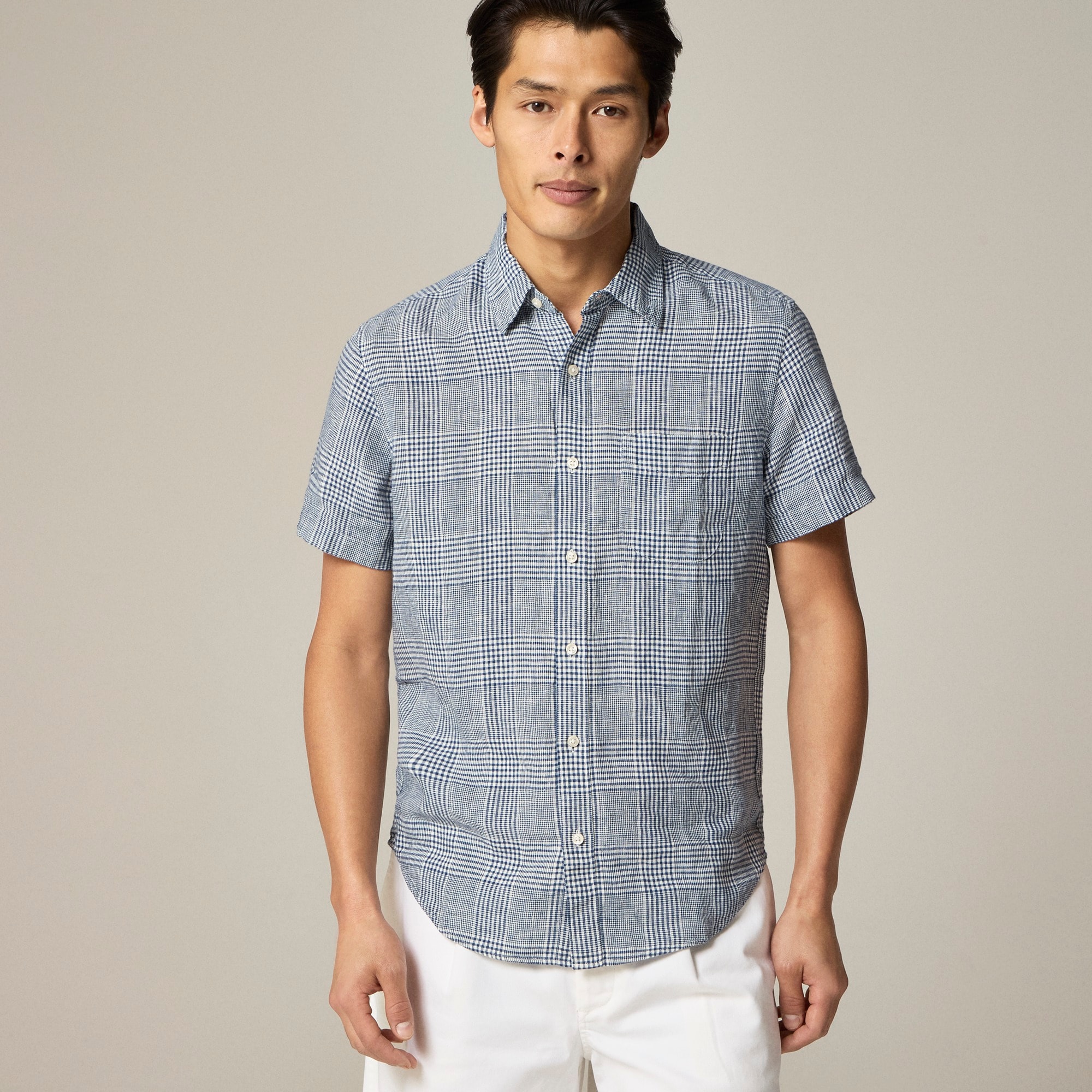 mens Short-sleeve linen point-collar shirt in print