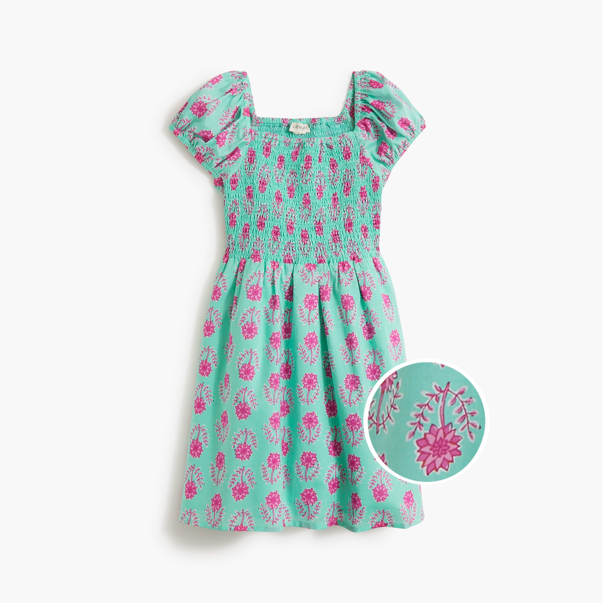 Girls' block-print smocked dress