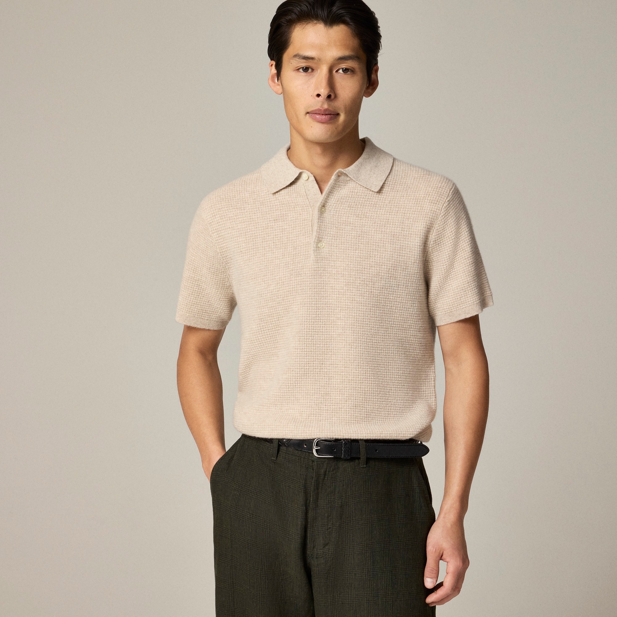  Short-sleeve cashmere waffle sweater-polo