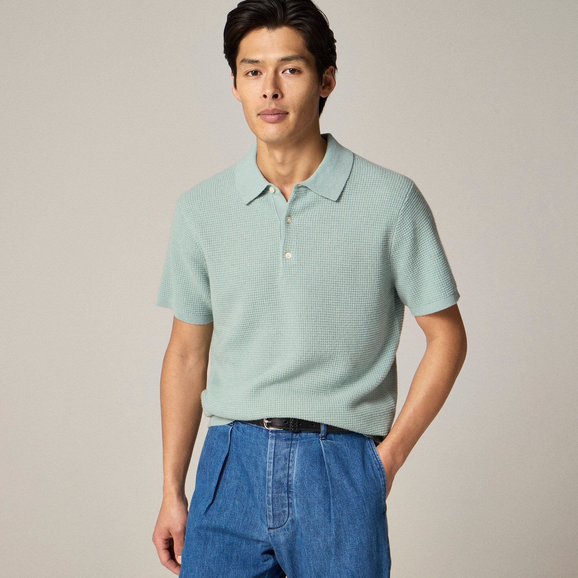 mens Short-sleeve cashmere waffle sweater-polo