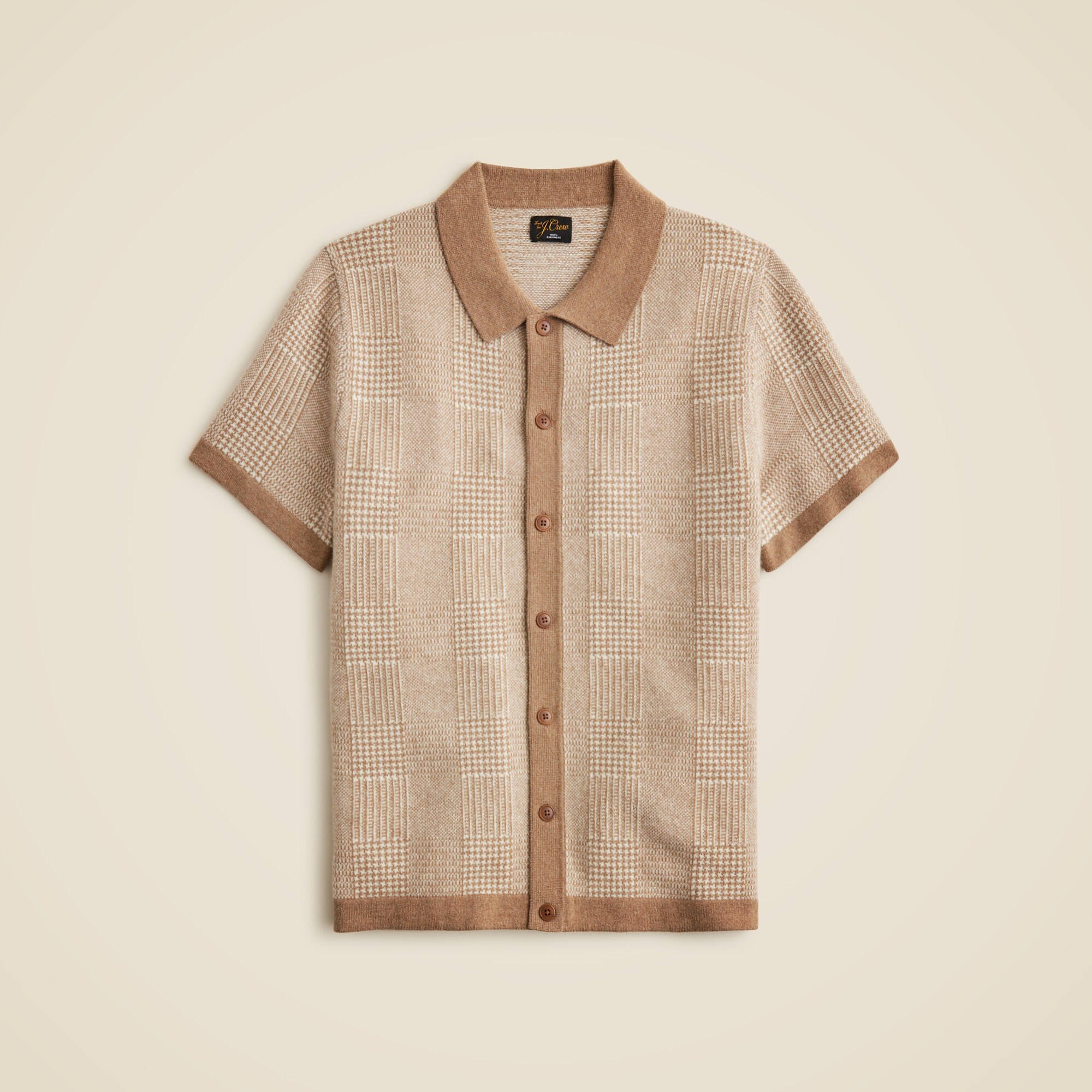 mens Short-sleeve cashmere cardigan sweater-polo in glen plaid