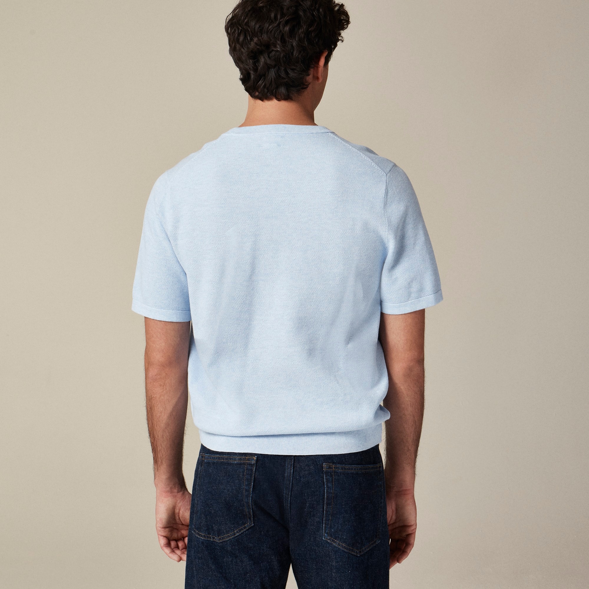 Short-sleeve cotton piqué-stitch sweater