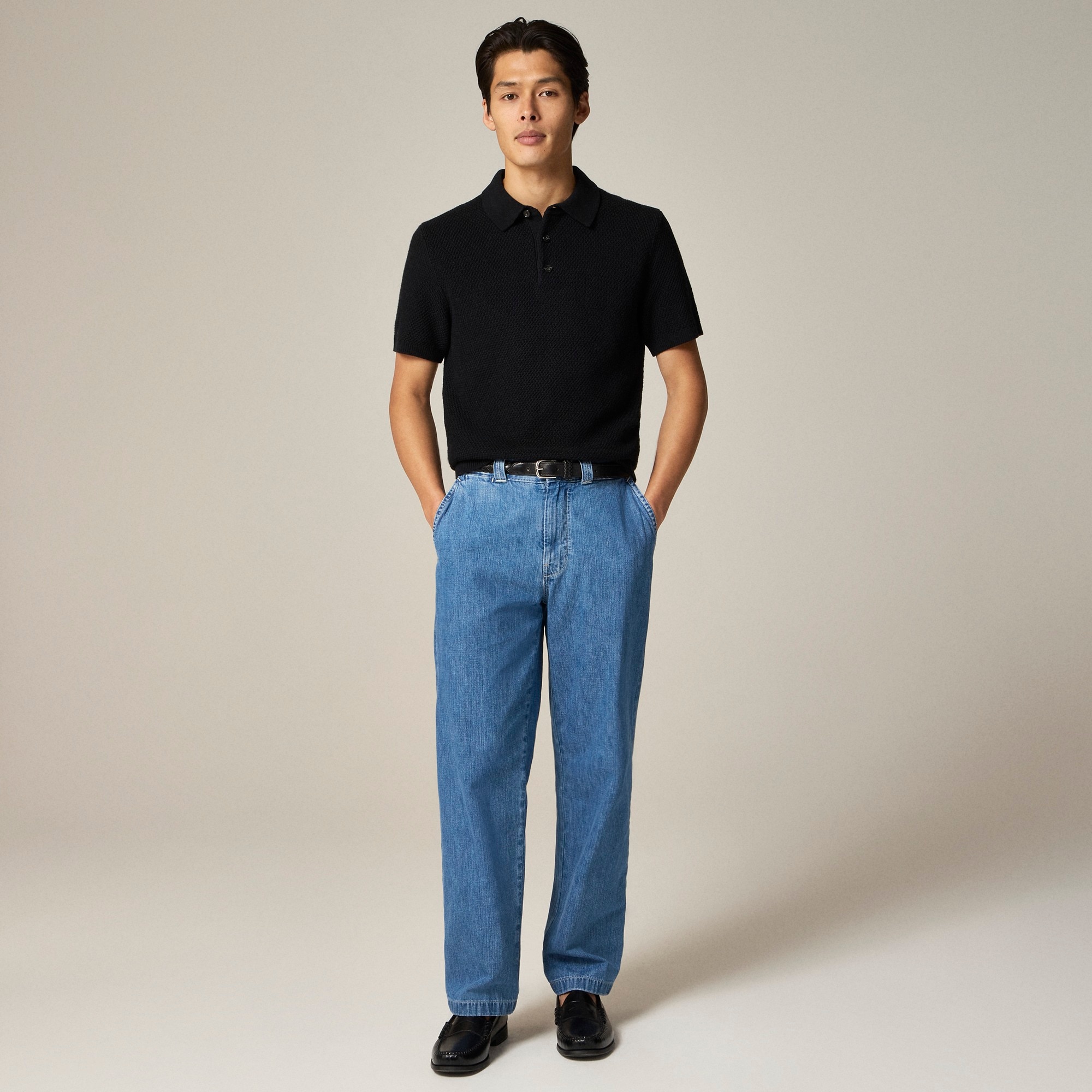 Short-sleeve cotton seed-stitch sweater-polo