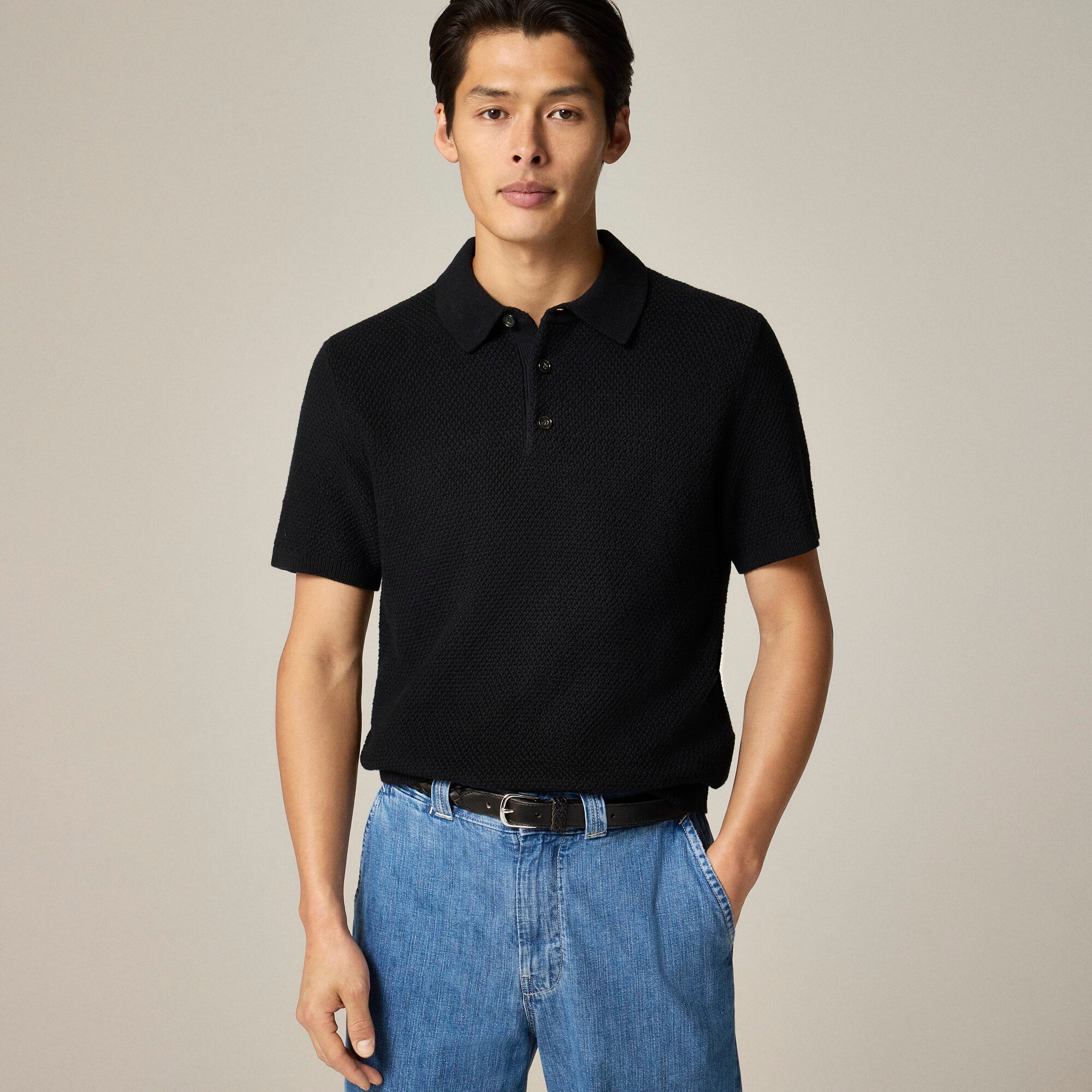  Short-sleeve cotton seed-stitch sweater-polo