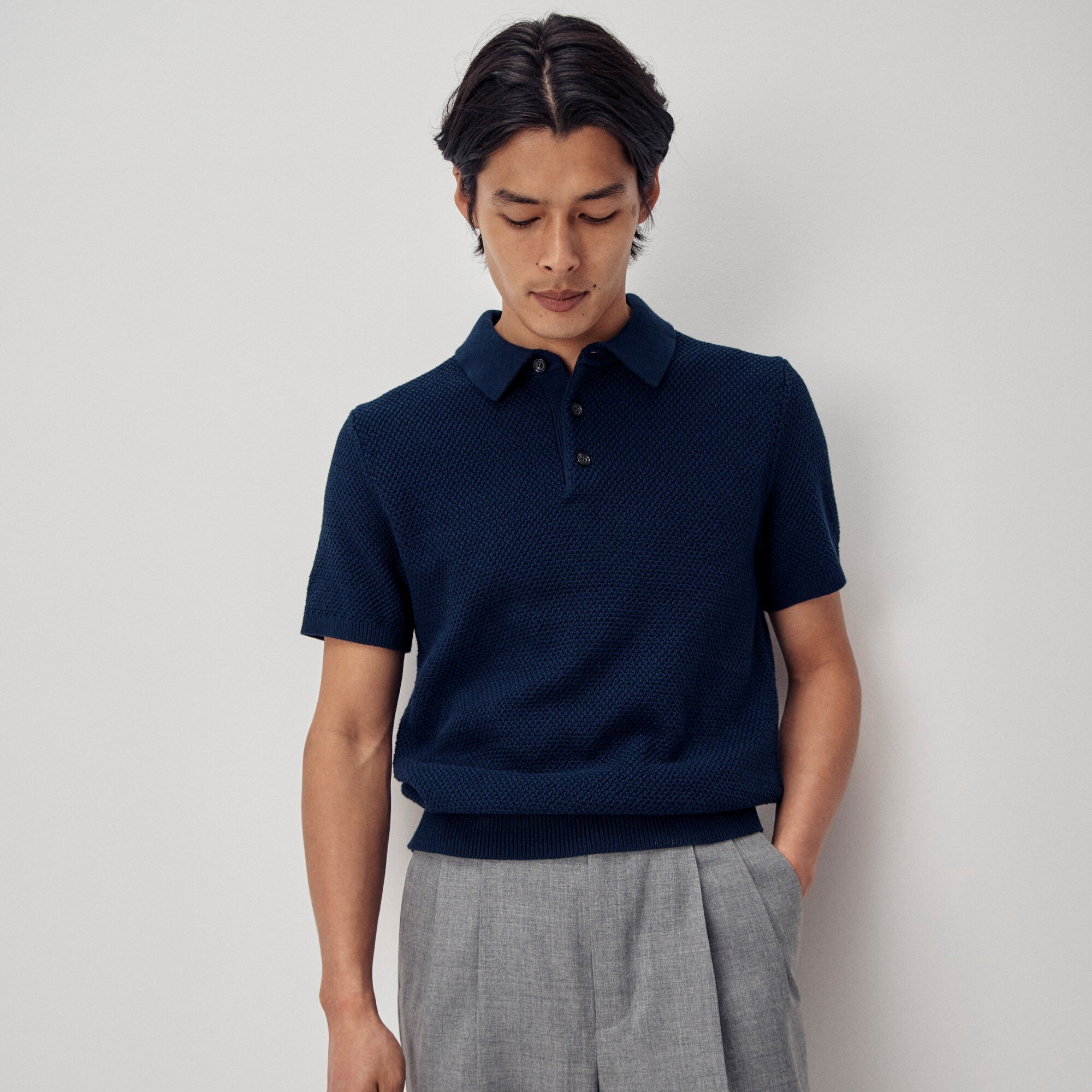 Short-sleeve cotton seed-stitch sweater-polo