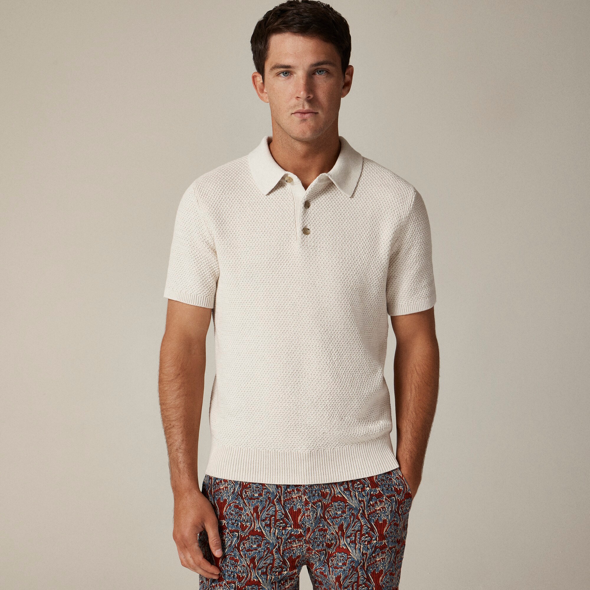  Short-sleeve cotton seed-stitch sweater-polo