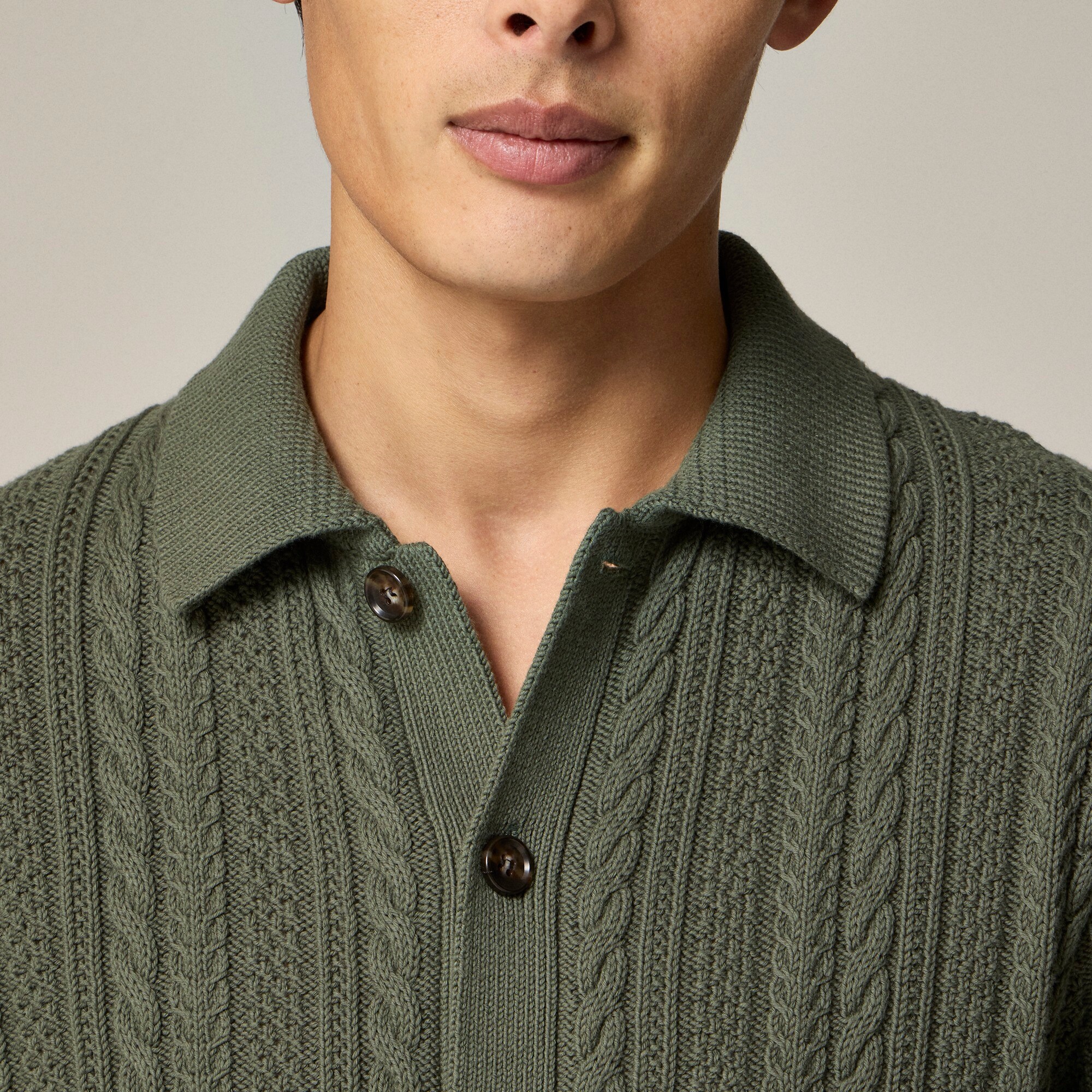 Short-sleeve cotton cable-knit cardigan sweater-polo
