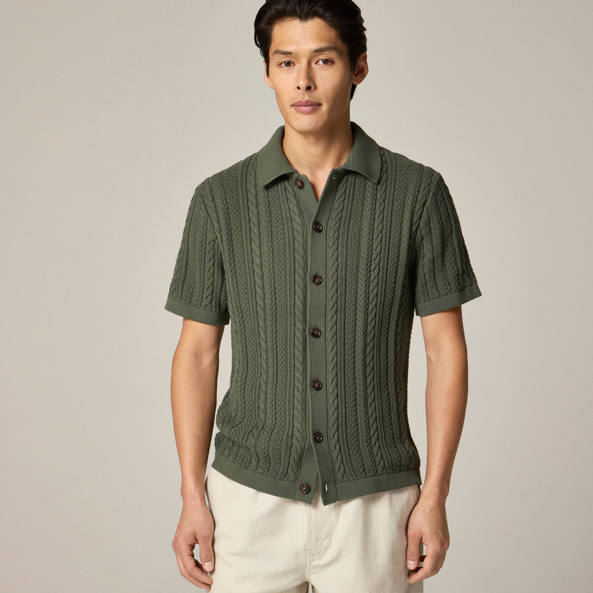  Short-sleeve cotton cable-knit cardigan sweater-polo