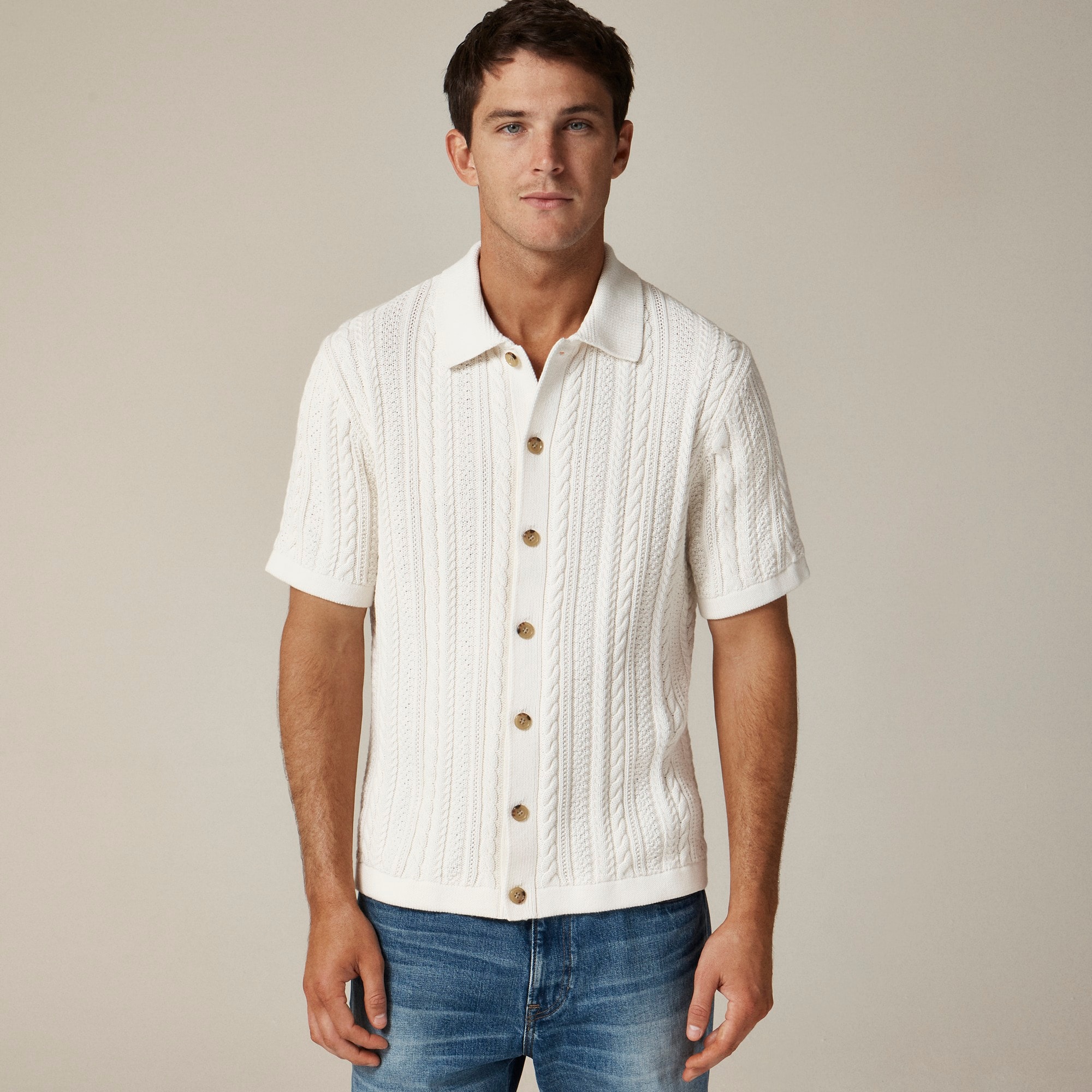 mens Short-sleeve cotton cable-knit cardigan sweater-polo
