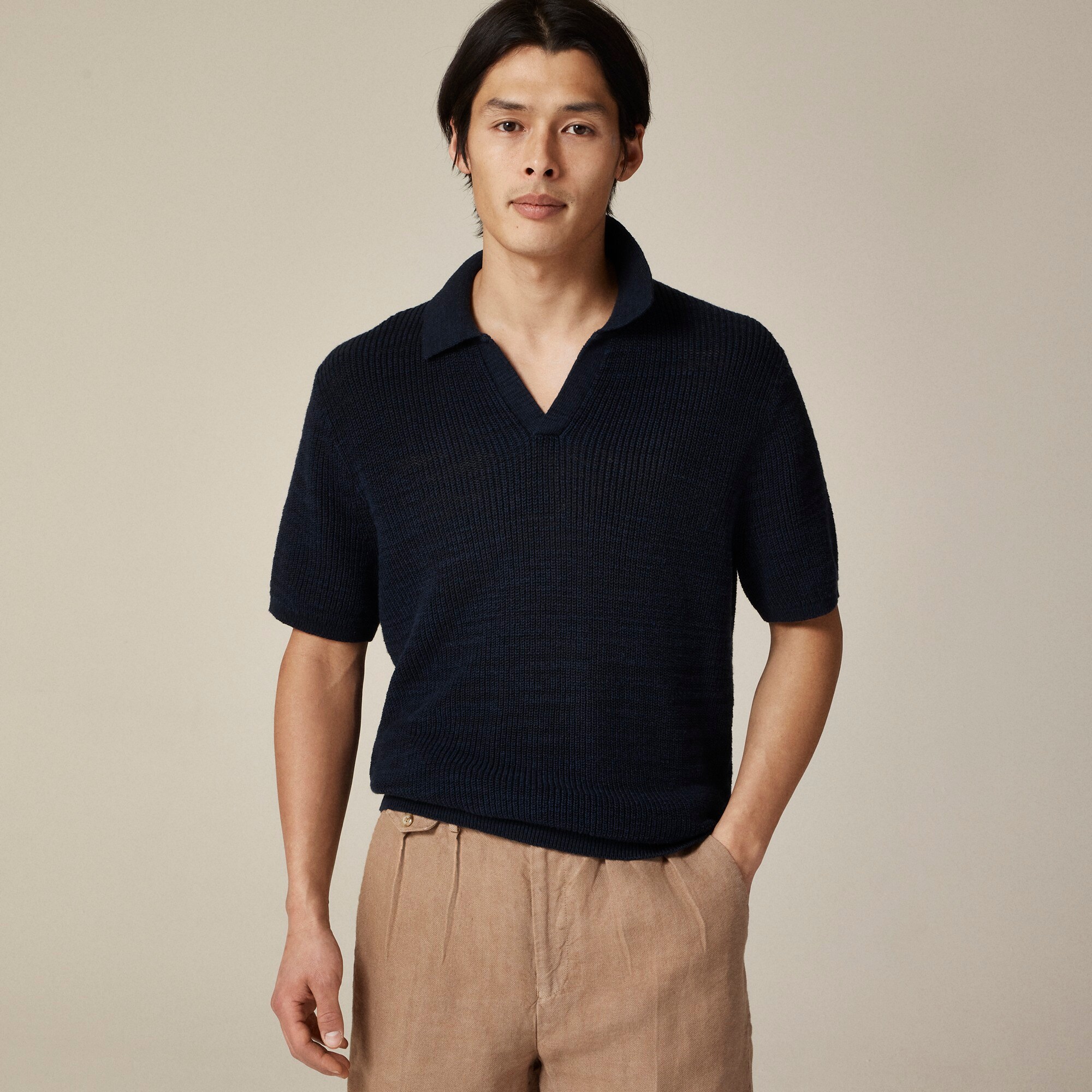  Short-sleeve linen-cotton blend johnny-collar sweater-polo