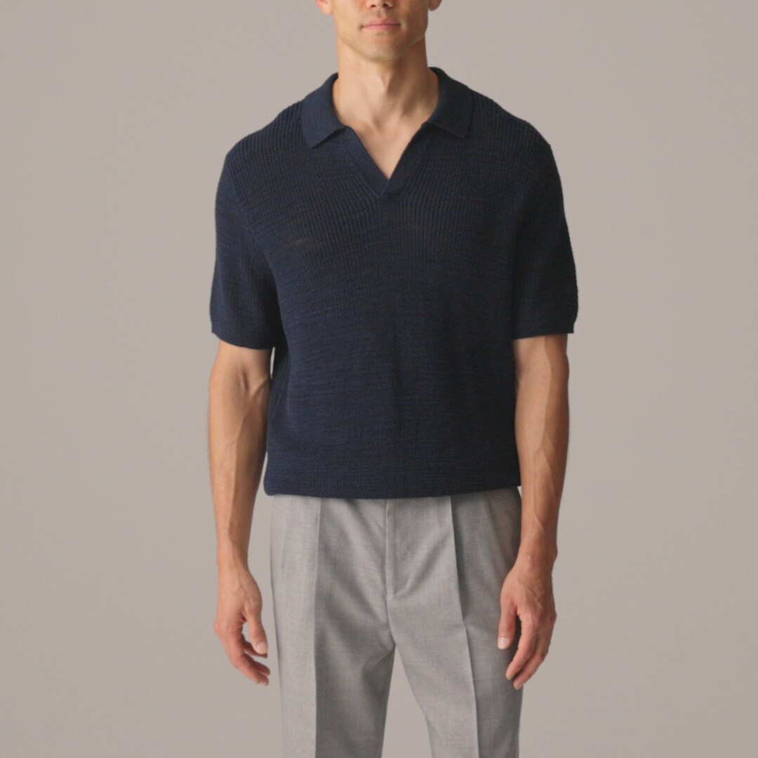 Short-sleeve linen-cotton blend johnny-collar sweater-polo