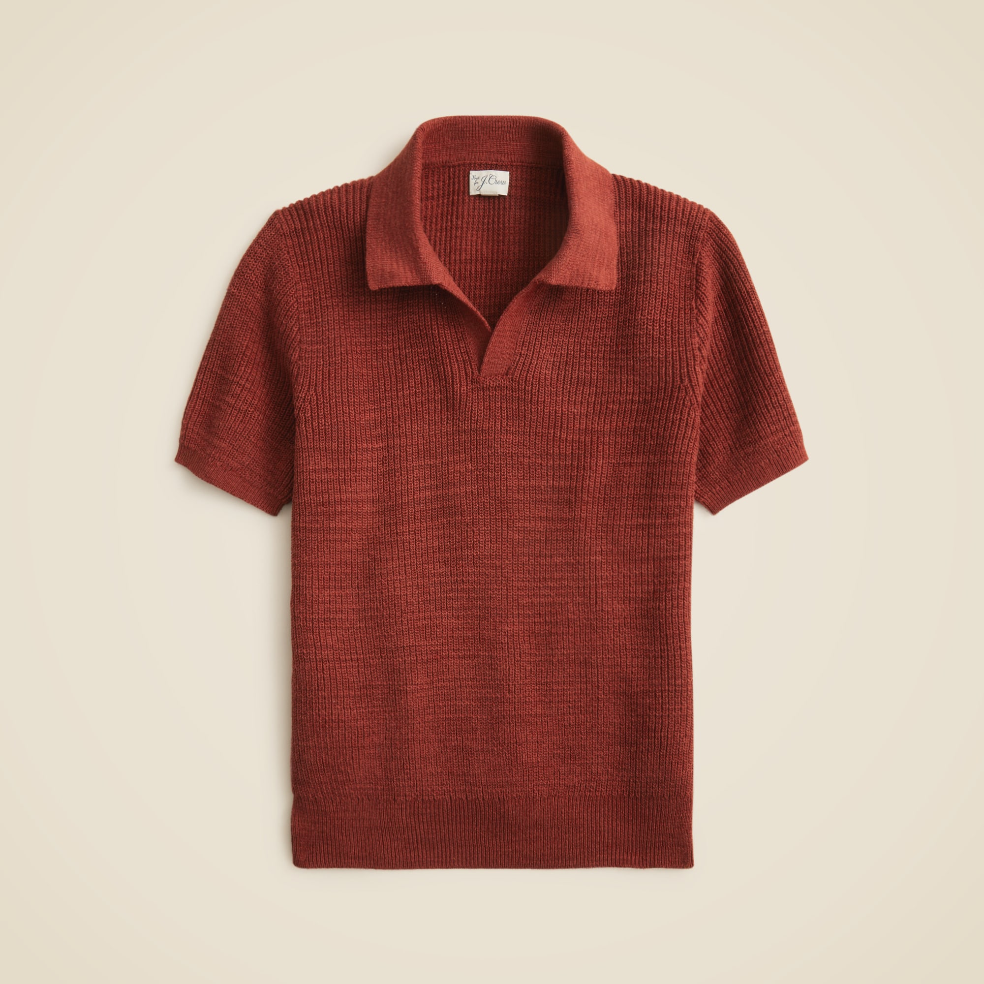  Short-sleeve linen-cotton blend johnny-collar sweater-polo