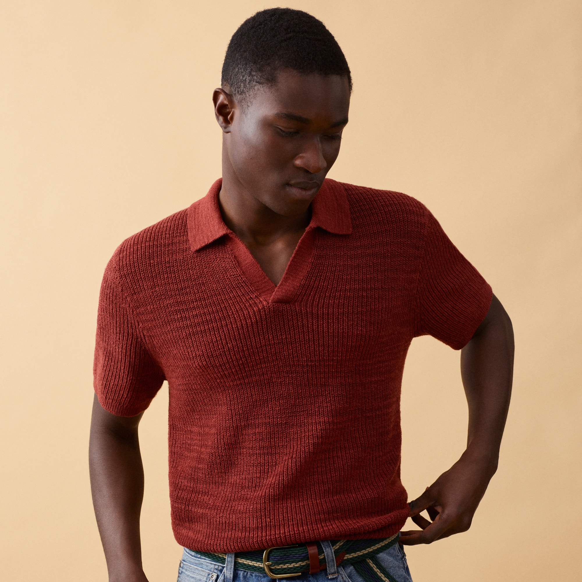 Short-sleeve linen-cotton blend johnny-collar sweater-polo