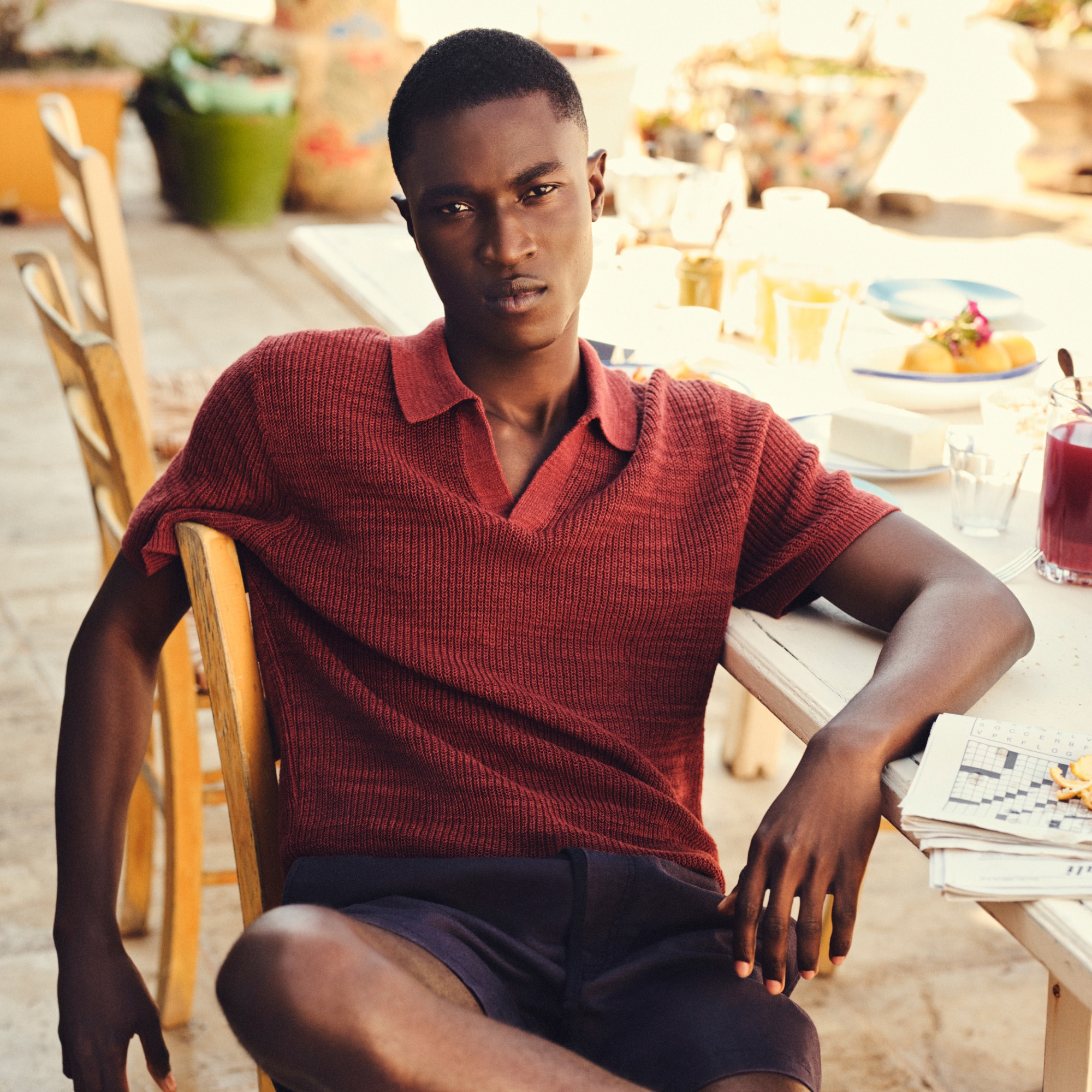 mens Short-sleeve linen-cotton blend johnny-collar sweater-polo